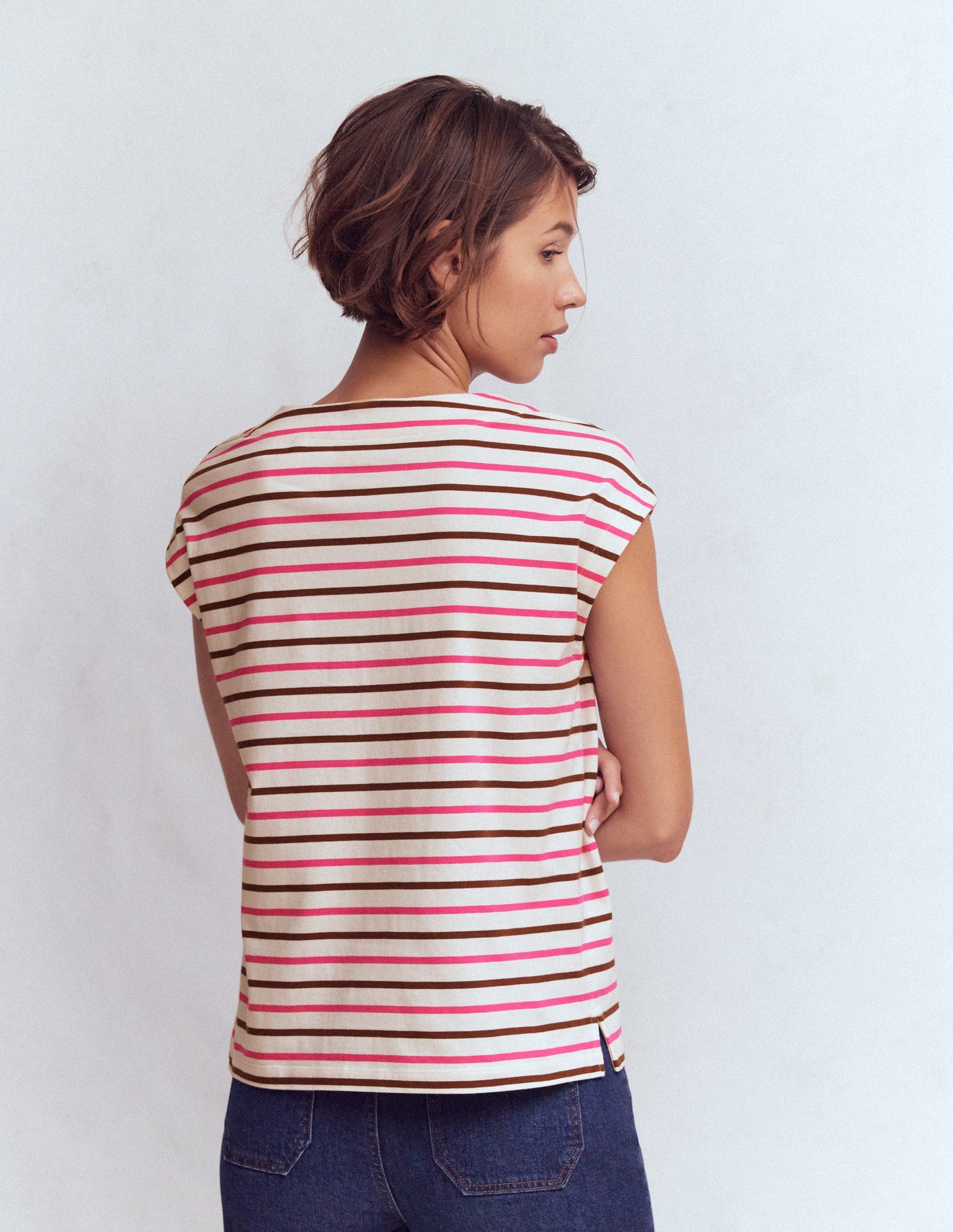 Button Detail T-Shirt-Pink Peony, Raw Umber Stripe