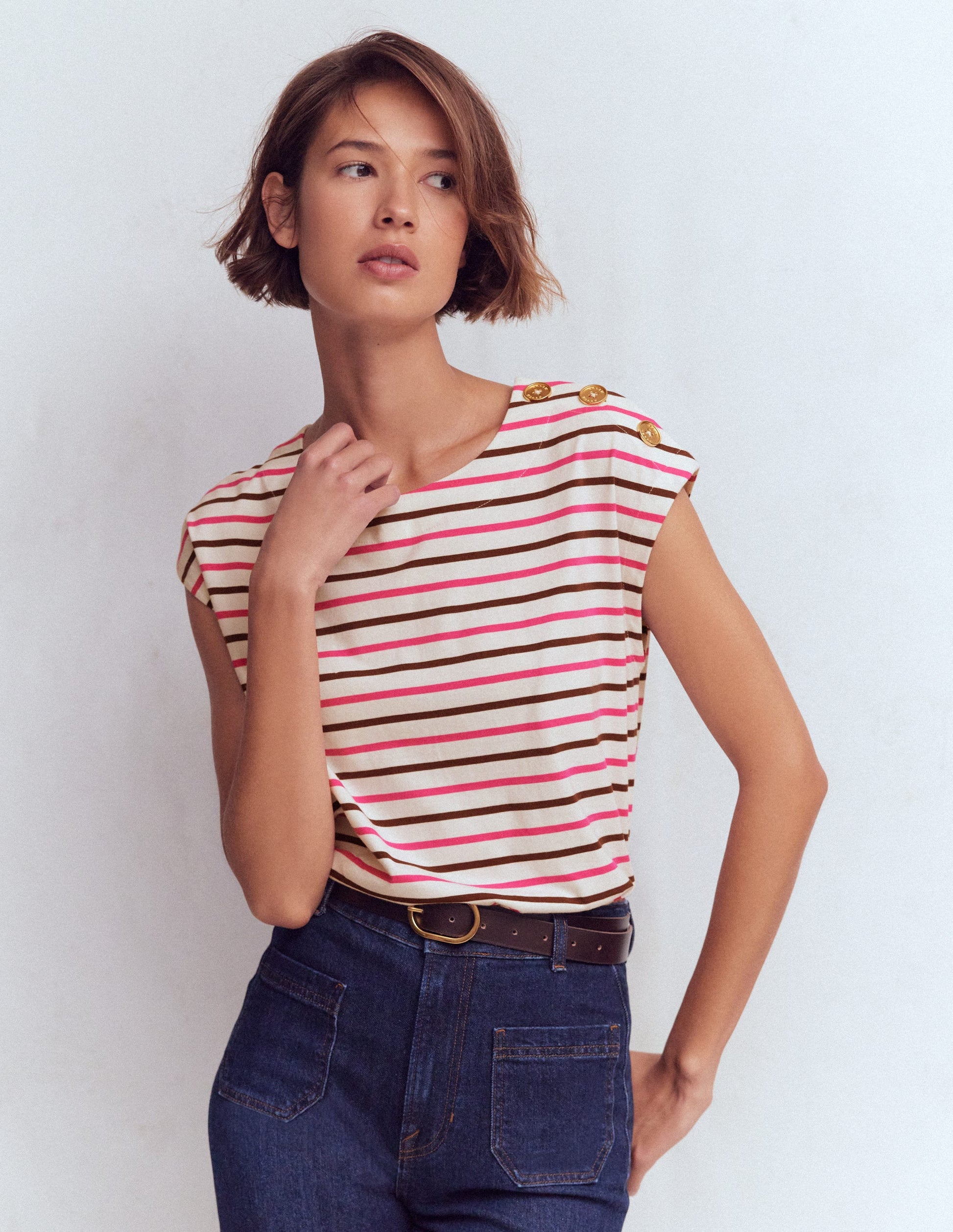 Button Detail T-Shirt-Pink Peony, Raw Umber Stripe-4