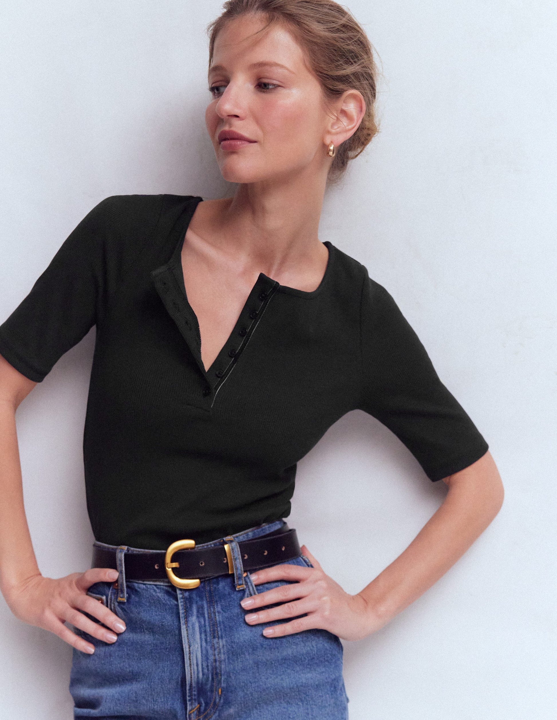 Short Sleeve Rib Henley-Black-4