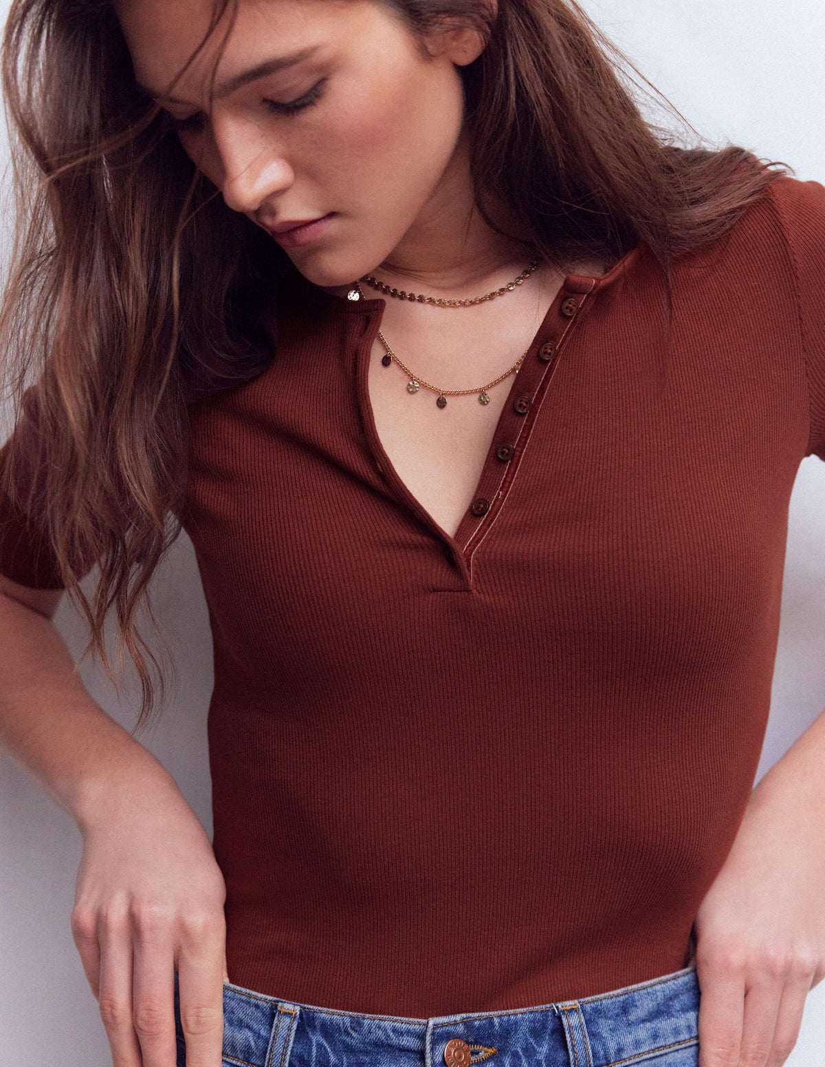 Short Sleeve Rib Henley-Roasted Brown - Image 2