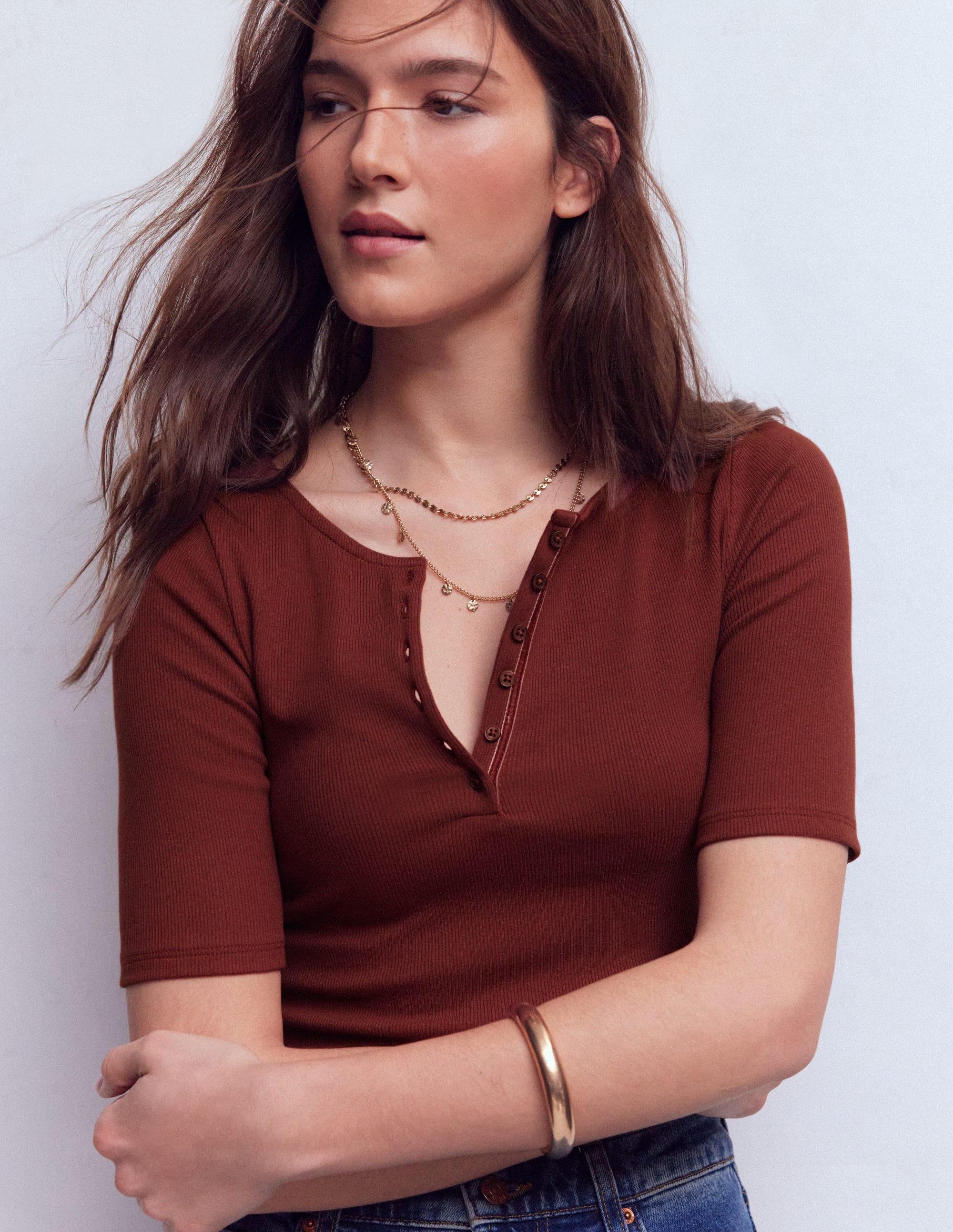Short Sleeve Rib Henley-Roasted Brown - Image 4