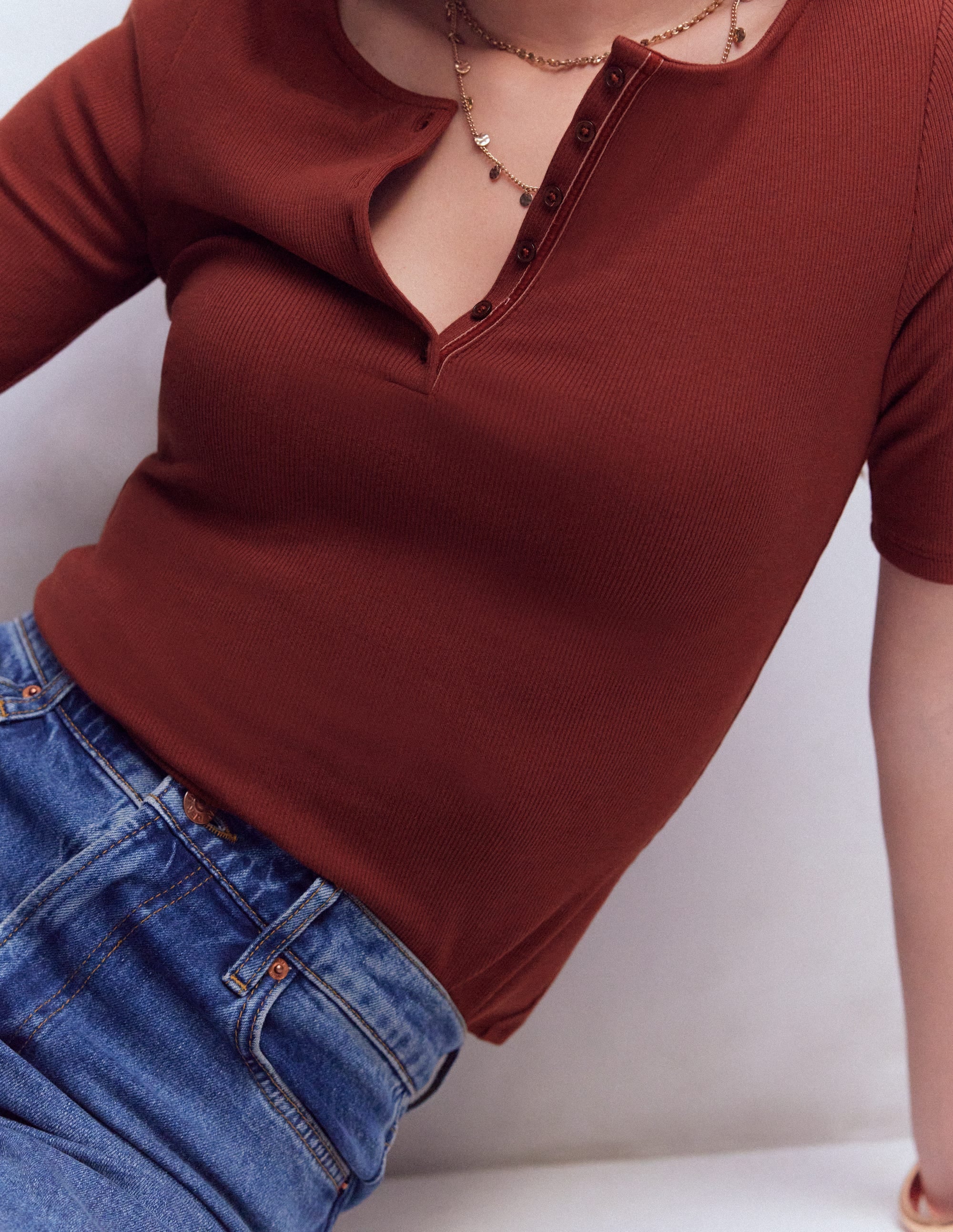 Short Sleeve Rib Henley-Roasted Brown - Image 5