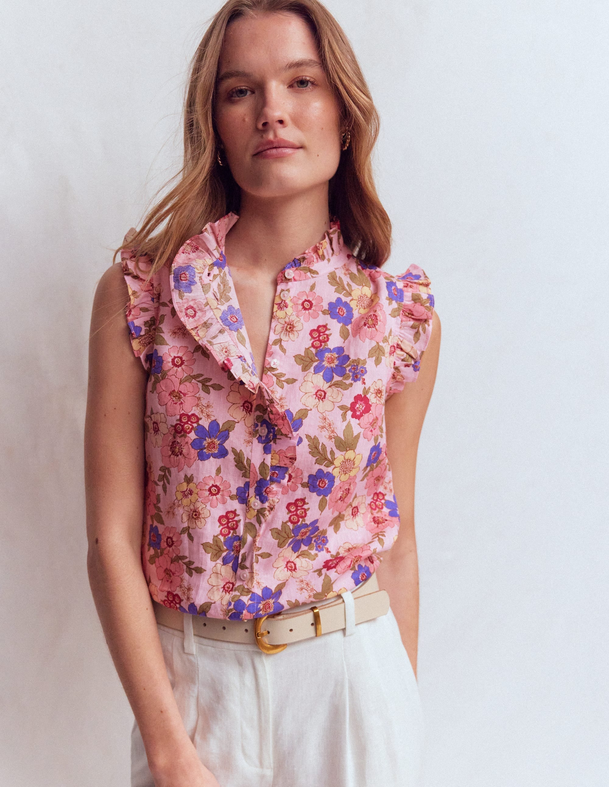 Isabel Sleeveless Linen Top-Blooming Pink, Blossomy Garden - Image 1