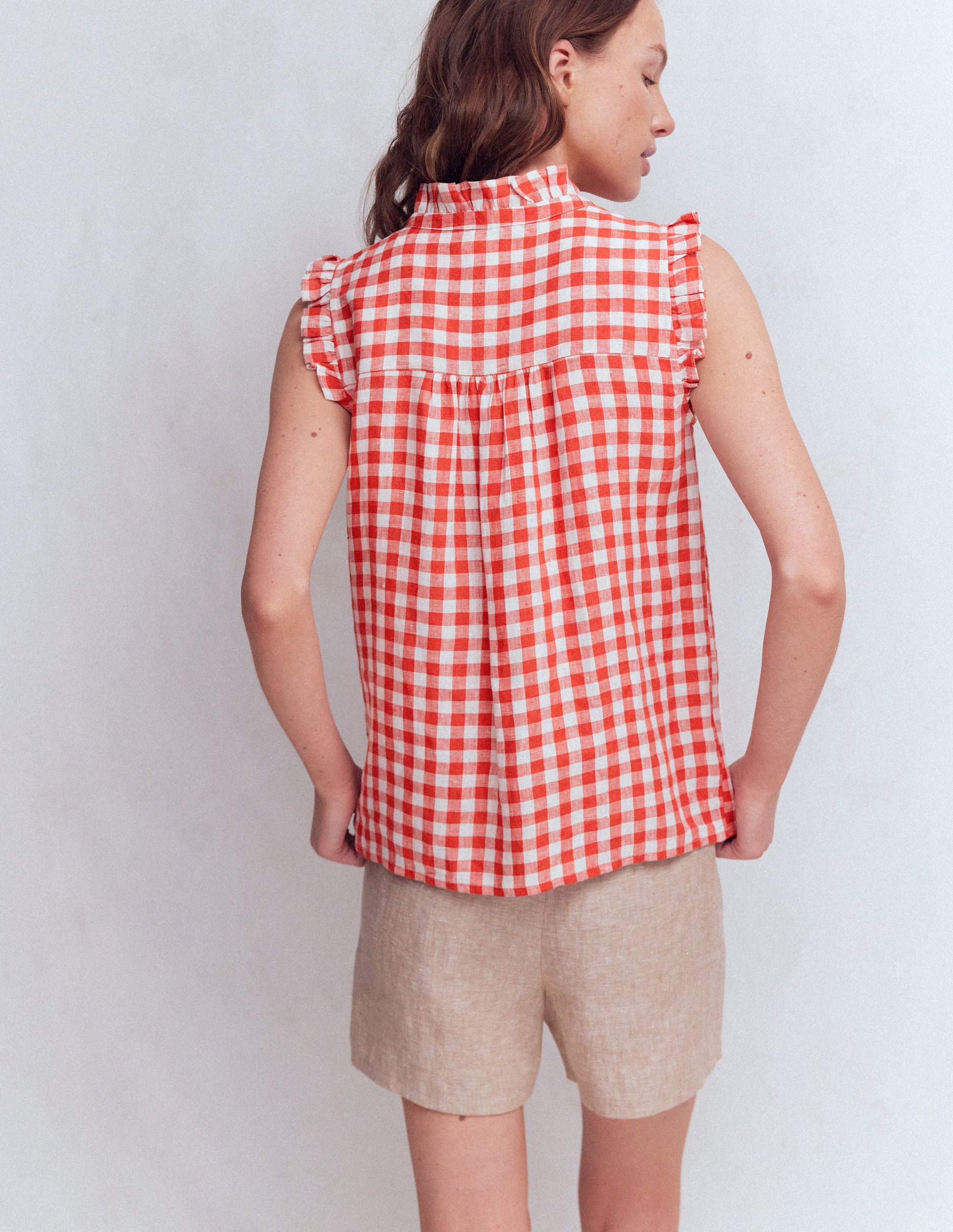 Isabel Sleeveless Linen Top-Burnt Red Gingham-3