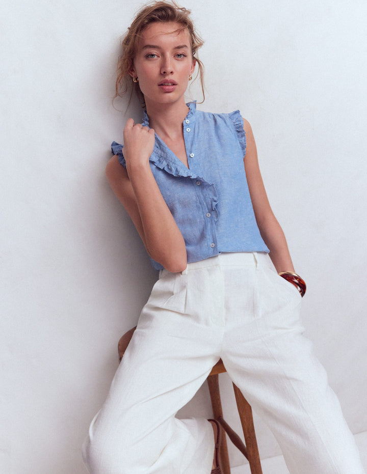 Sleeveless Ruffle Linen Top-Blue Chambray