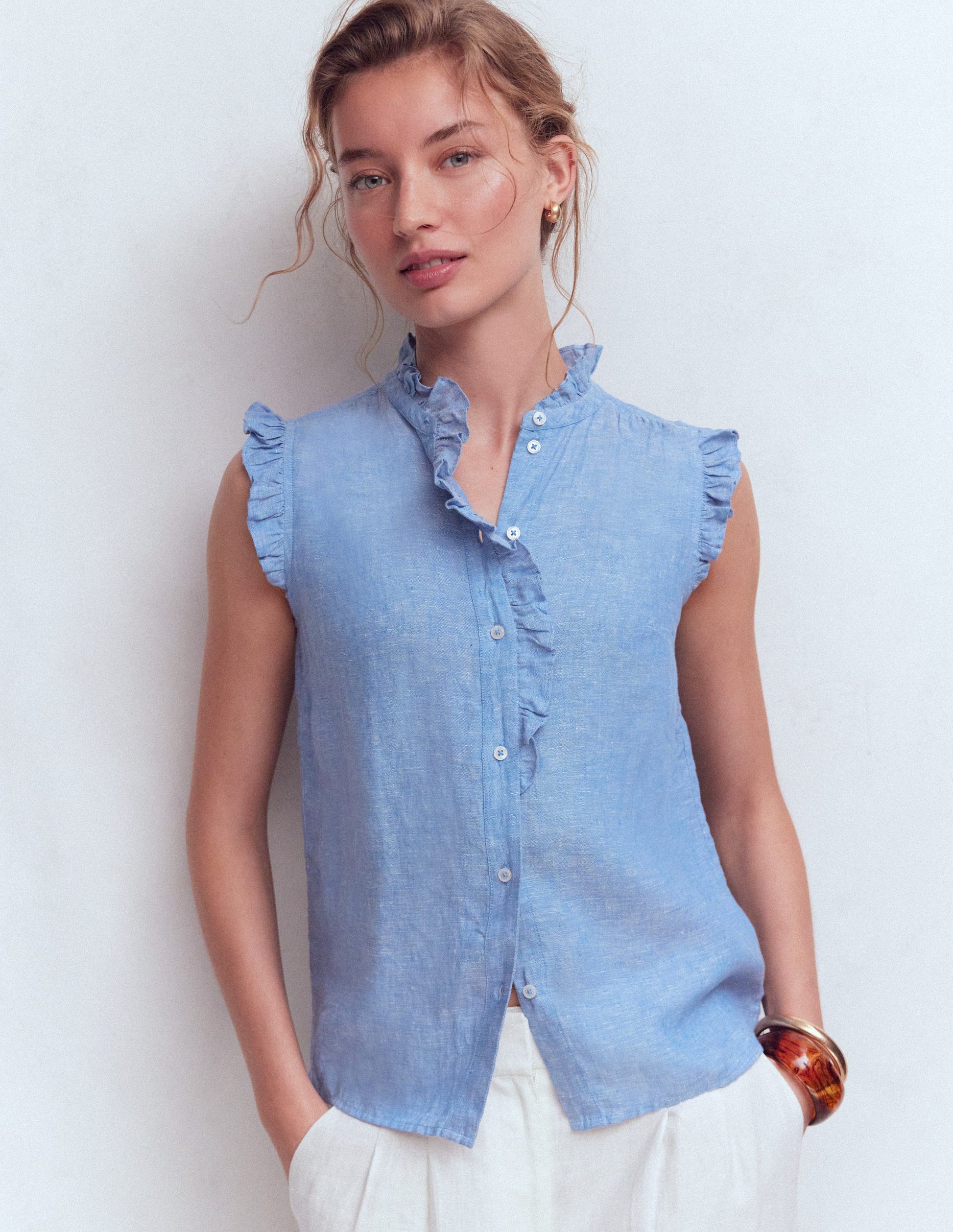 Isabel Sleeveless Linen Top-Chambray-5