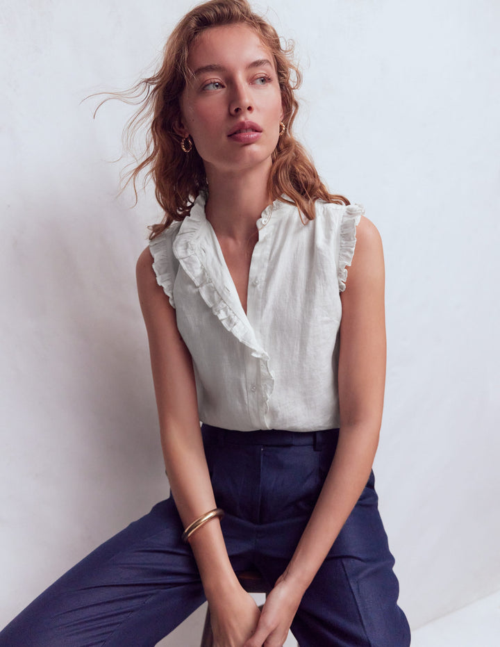 Sleeveless Ruffle Linen Top-White