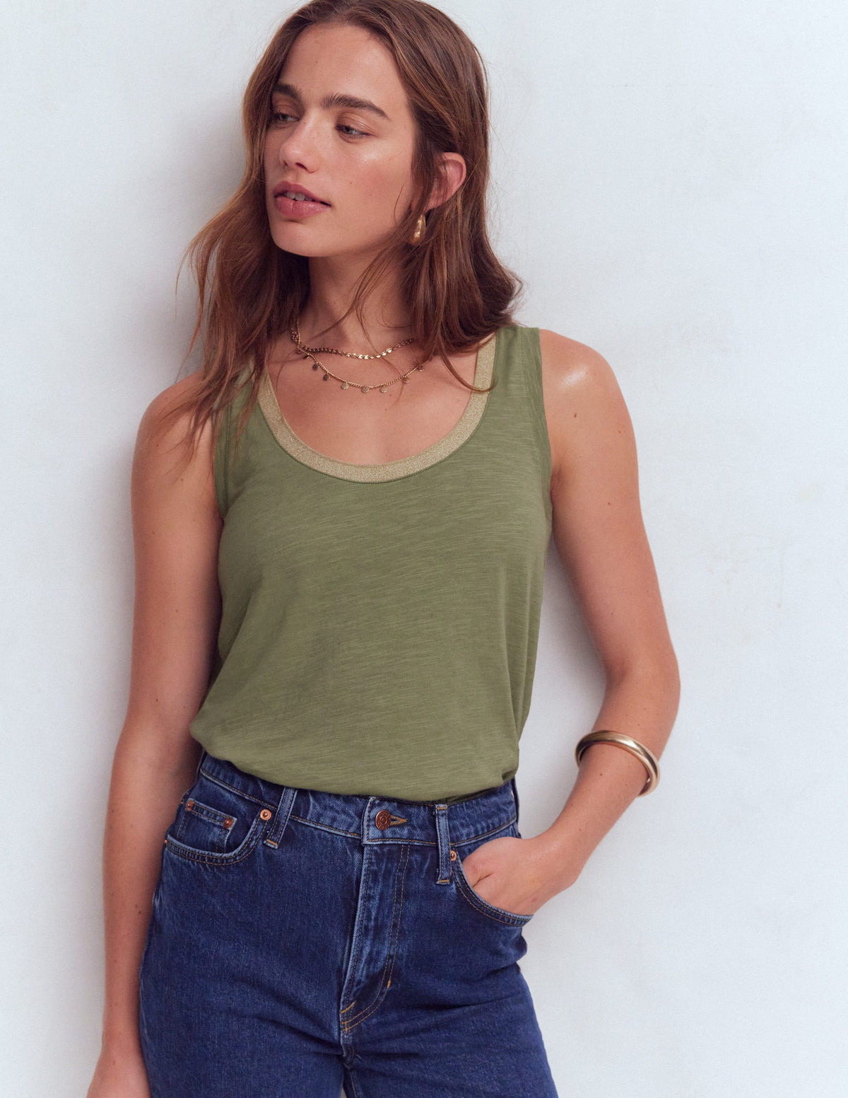 Metallic Trim Scoop Neck Vest-Larch Green - Image 1
