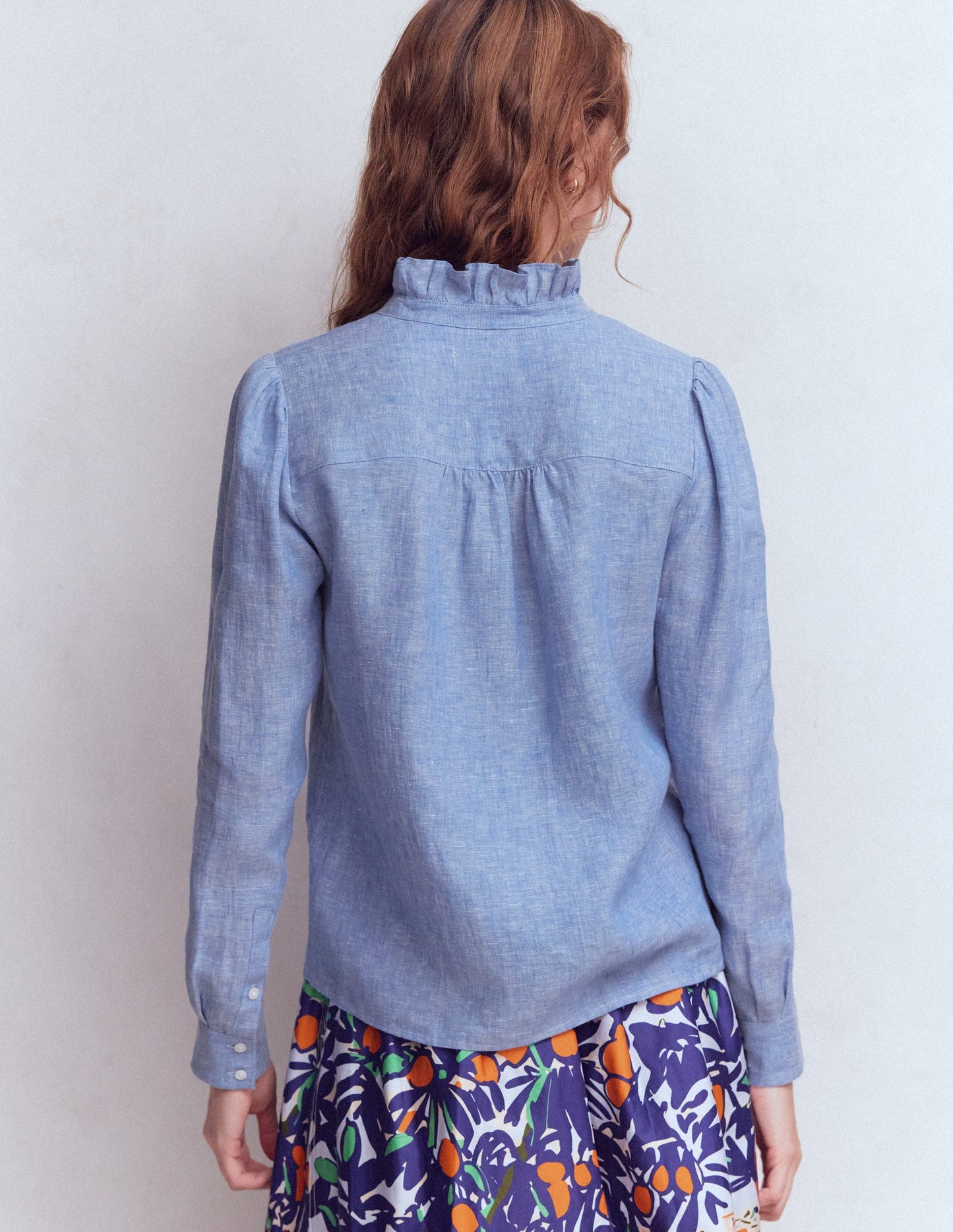 Isabel Ruffle Linen Shirt-Chambray