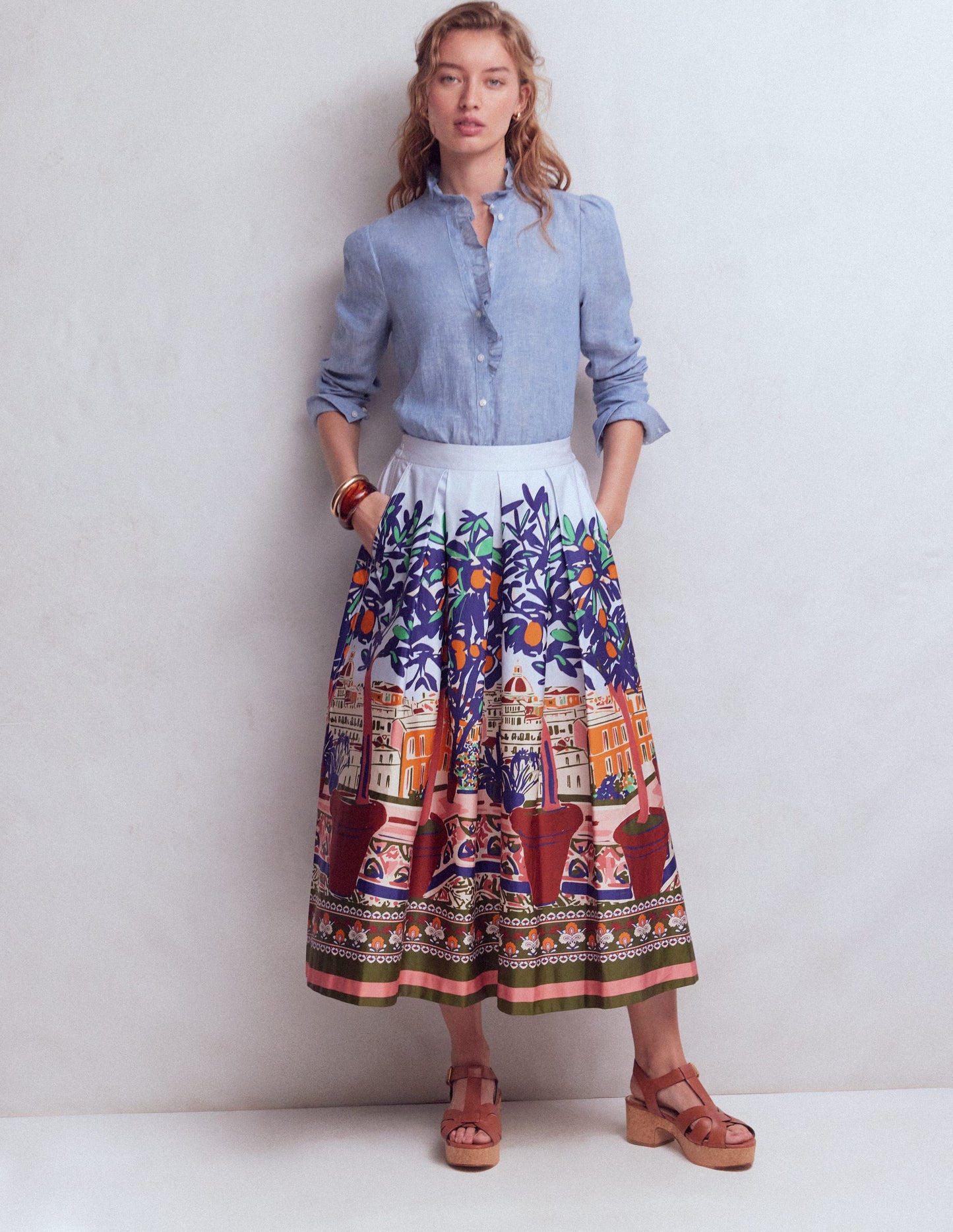 Isabel Ruffle Linen Shirt-Chambray