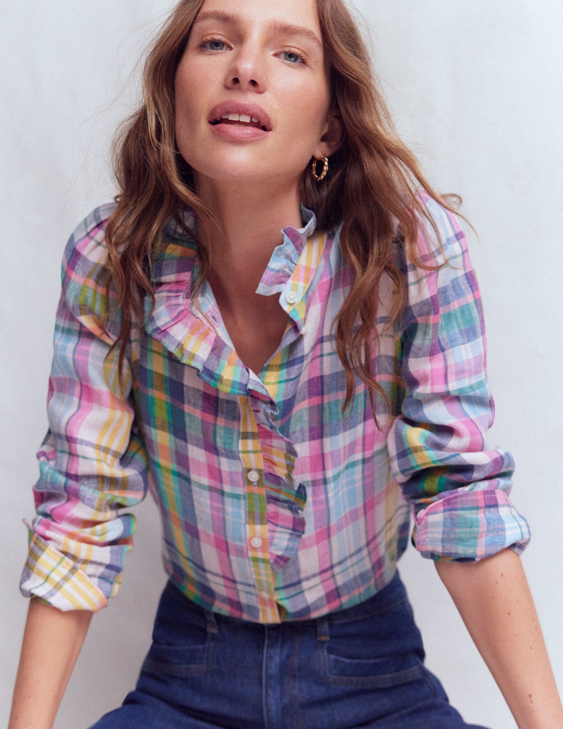 Isabel Ruffle Linen Shirt-Blue, Pink and Green Madras-4