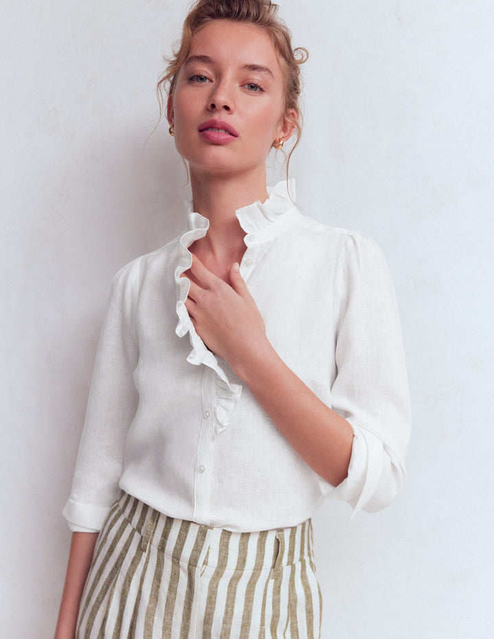Isabel Ruffle Linen Shirt-White