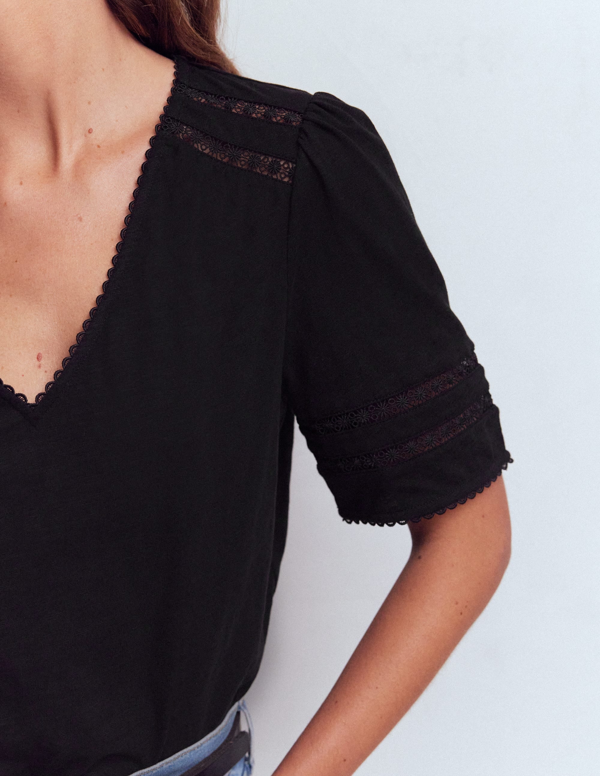 Poppy Trim V Neck T-Shirt-Black - Image 2