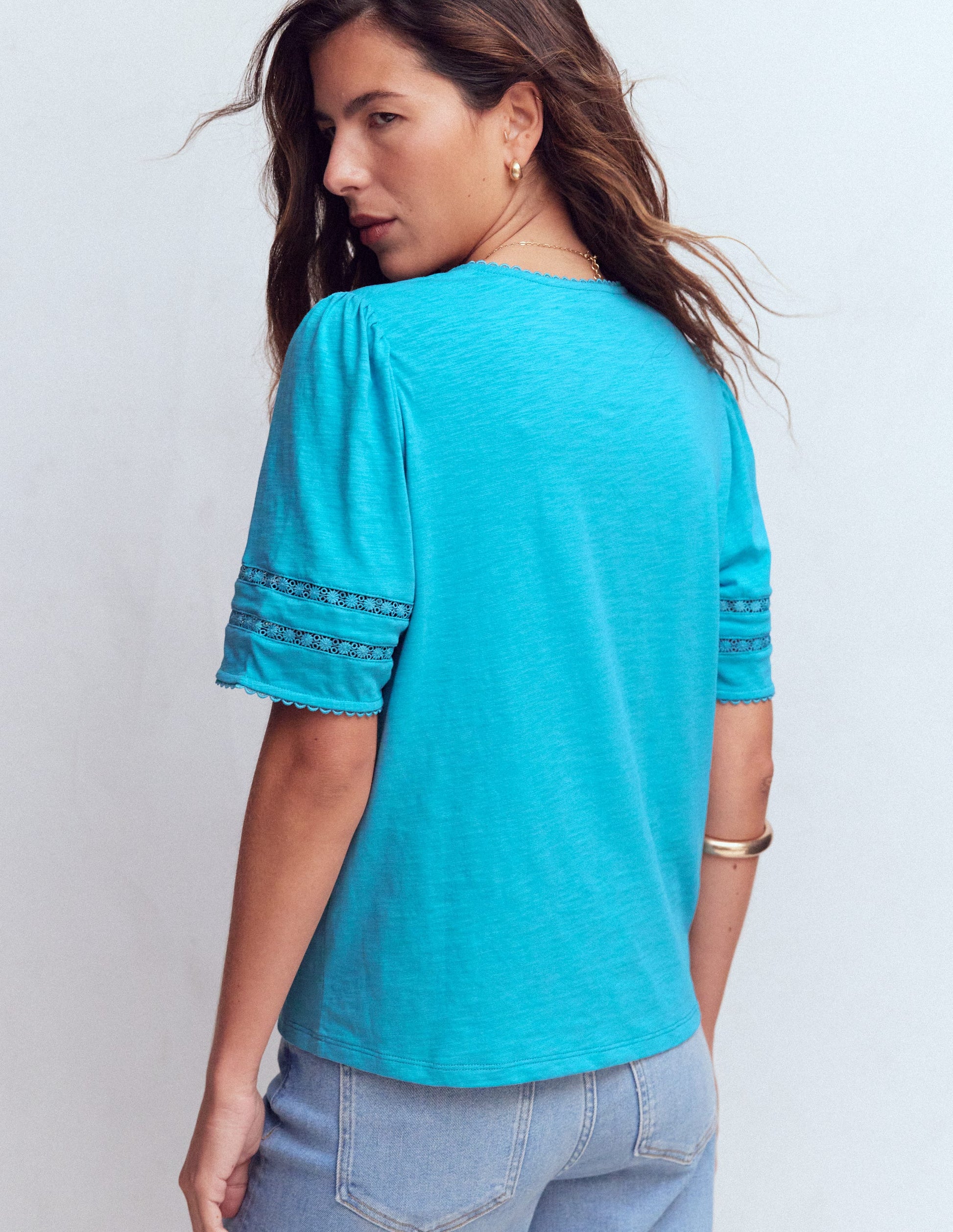 Poppy Trim V Neck T-Shirt-Duck Egg Blue-3