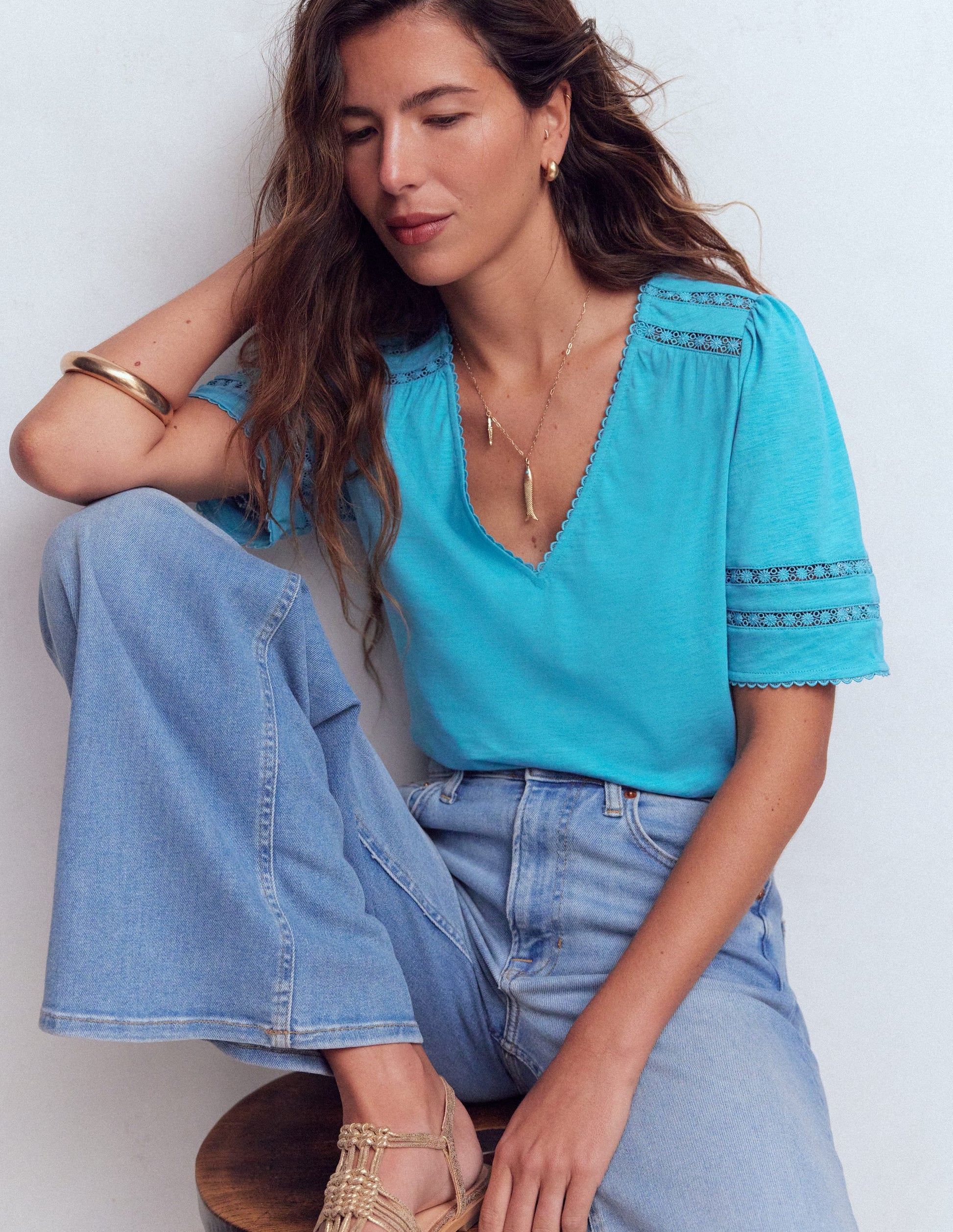 Poppy Trim V Neck T-Shirt-Duck Egg Blue-4