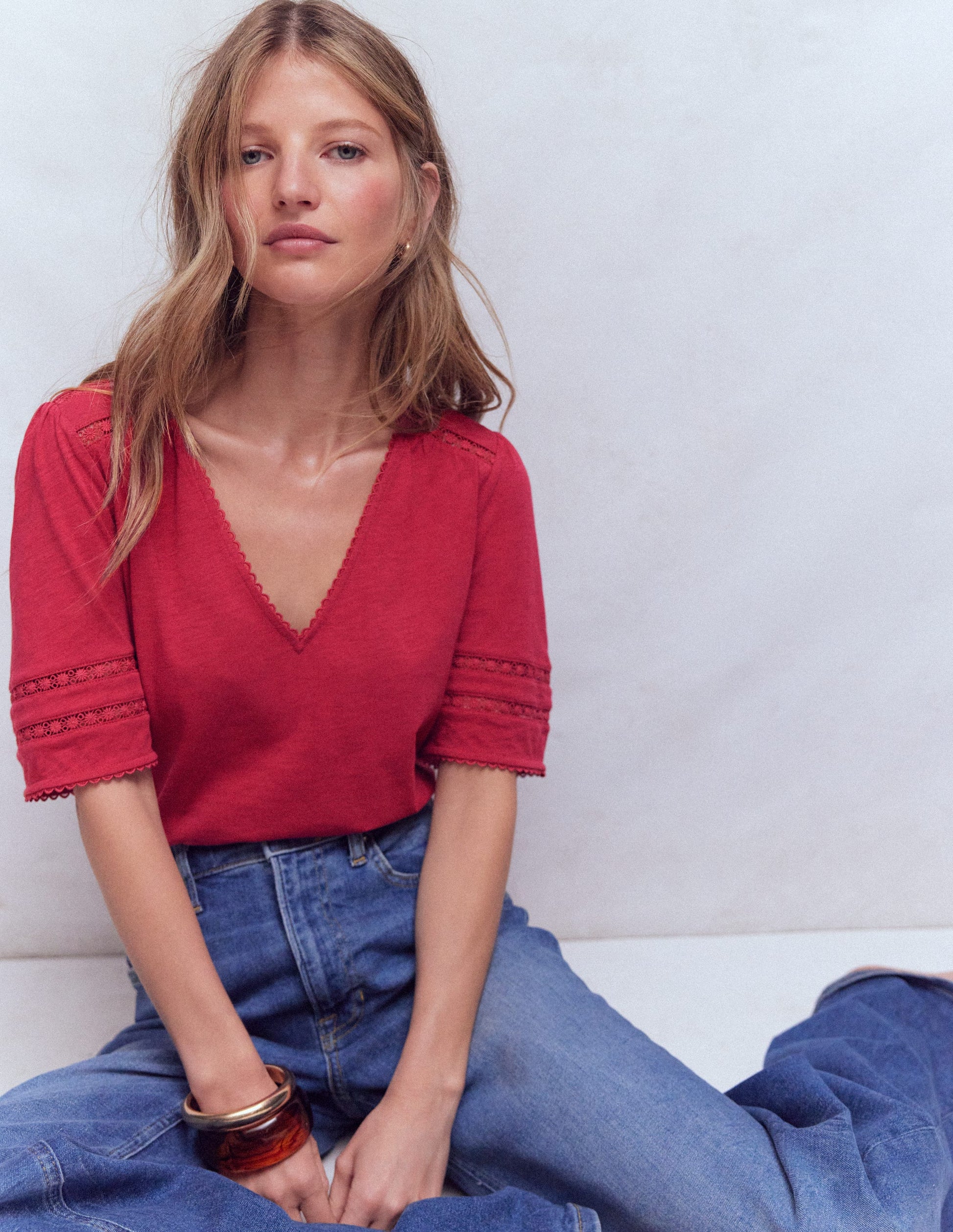 Poppy Trim V Neck T-Shirt-Terracotta Red-1