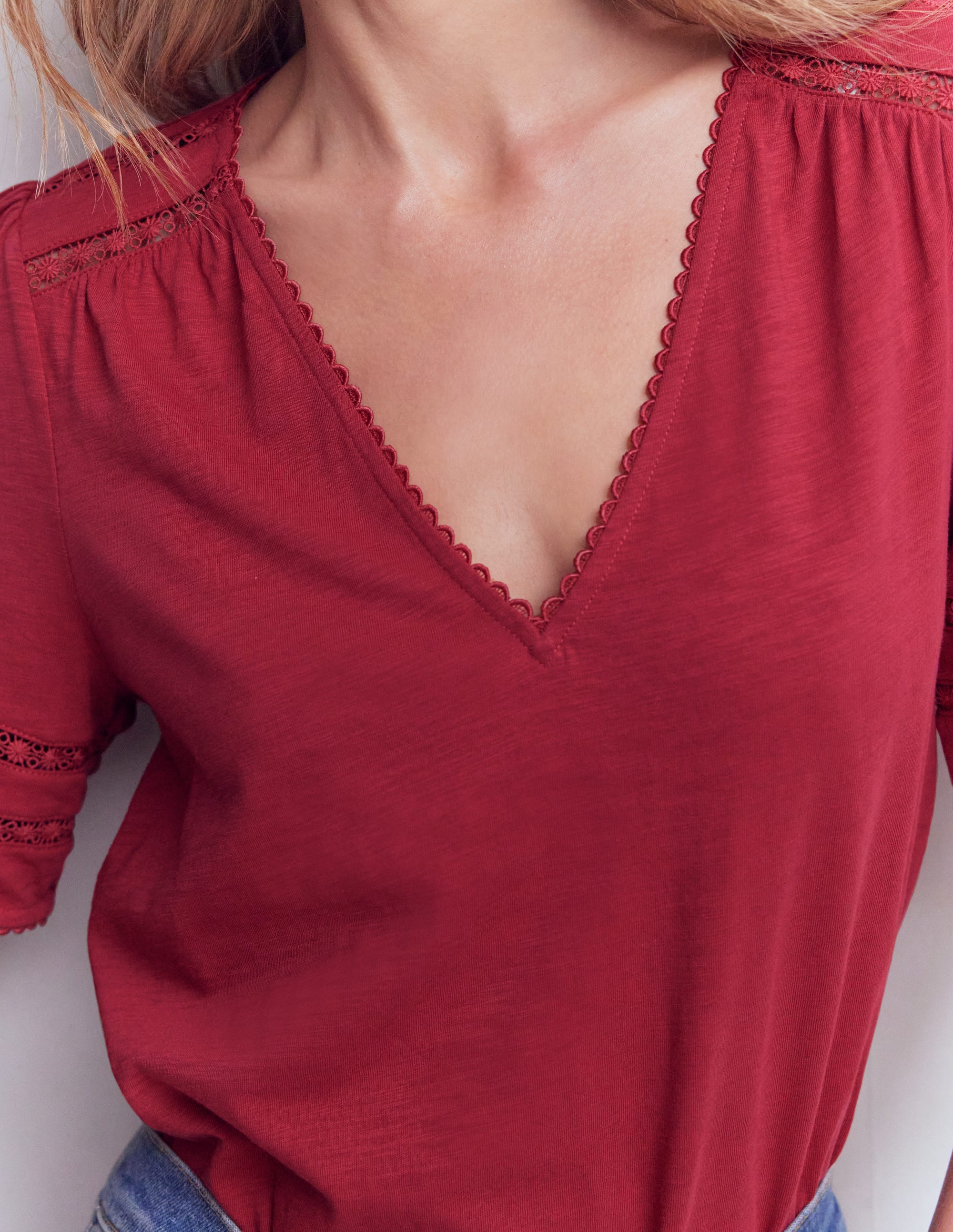 Poppy Trim V Neck T-Shirt-Terracotta Red - Image 2