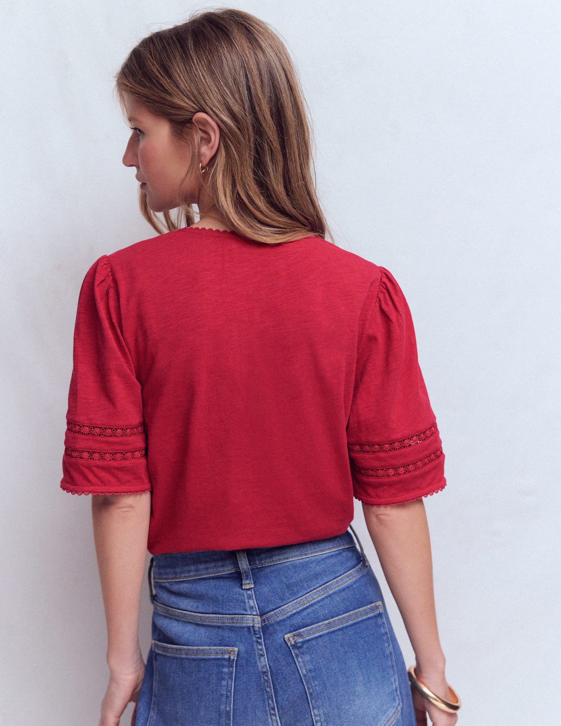 Poppy Trim V Neck T-Shirt-Terracotta Red-3