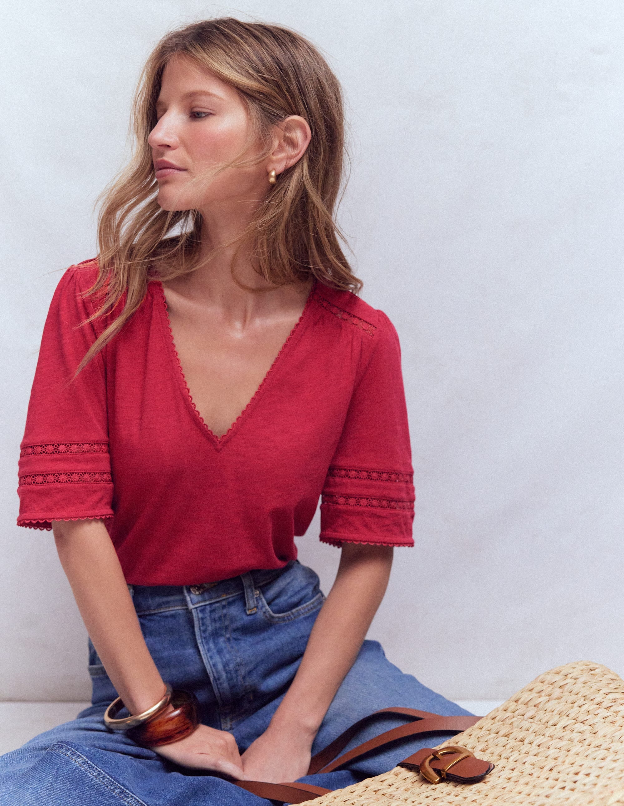 Poppy Trim V Neck T-Shirt-Terracotta Red - Image 4