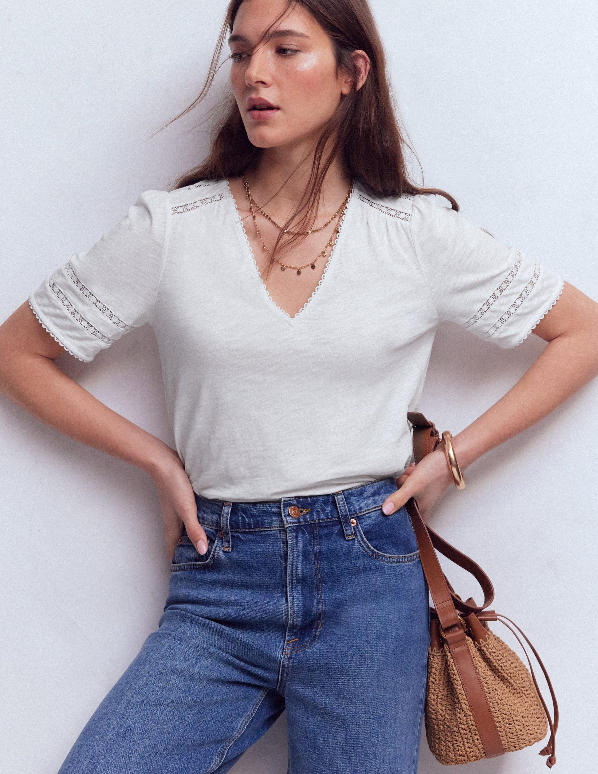 Poppy Trim V Neck T-Shirt-White-1
