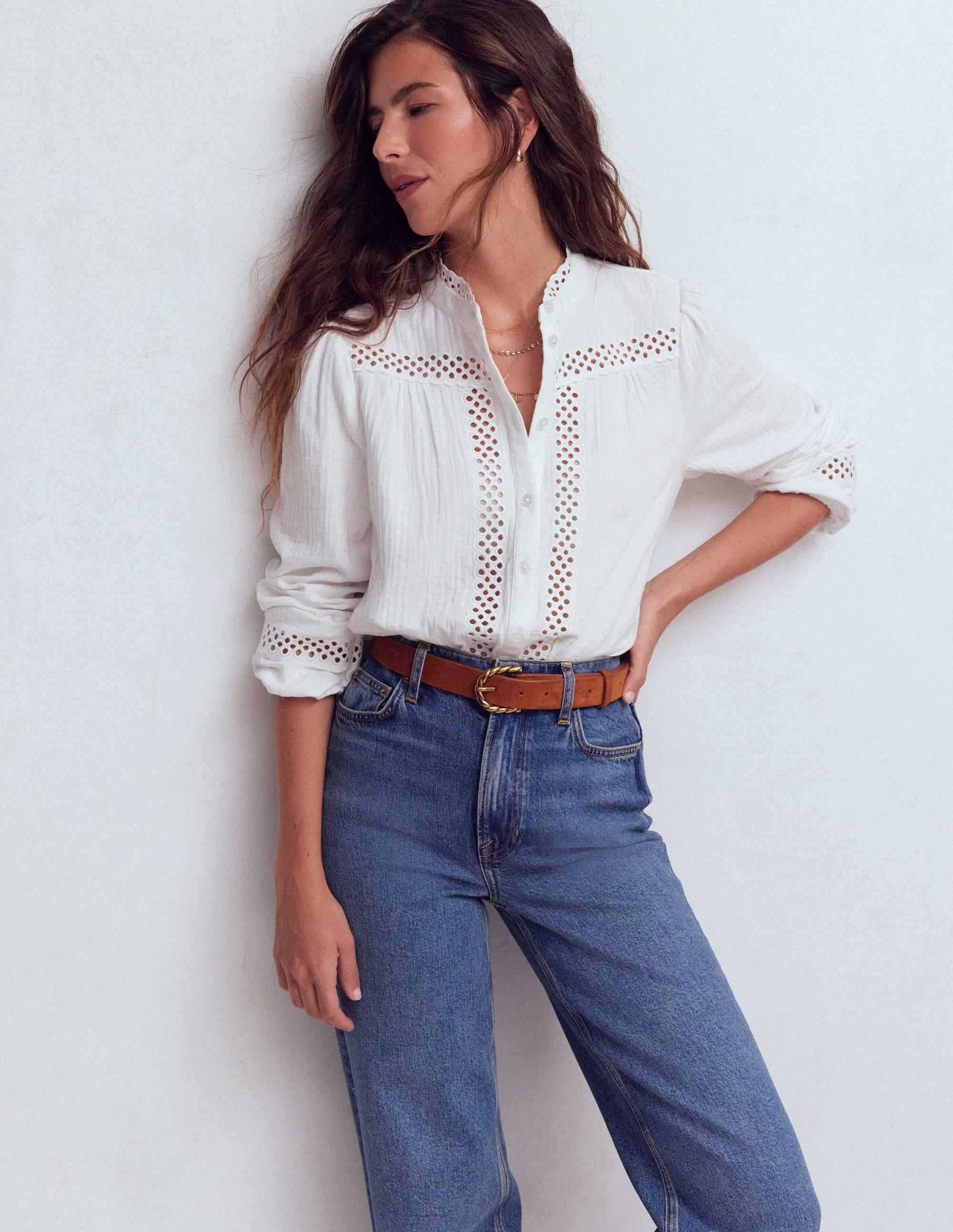 Trim Detail Double Cloth Top-White - Image 1