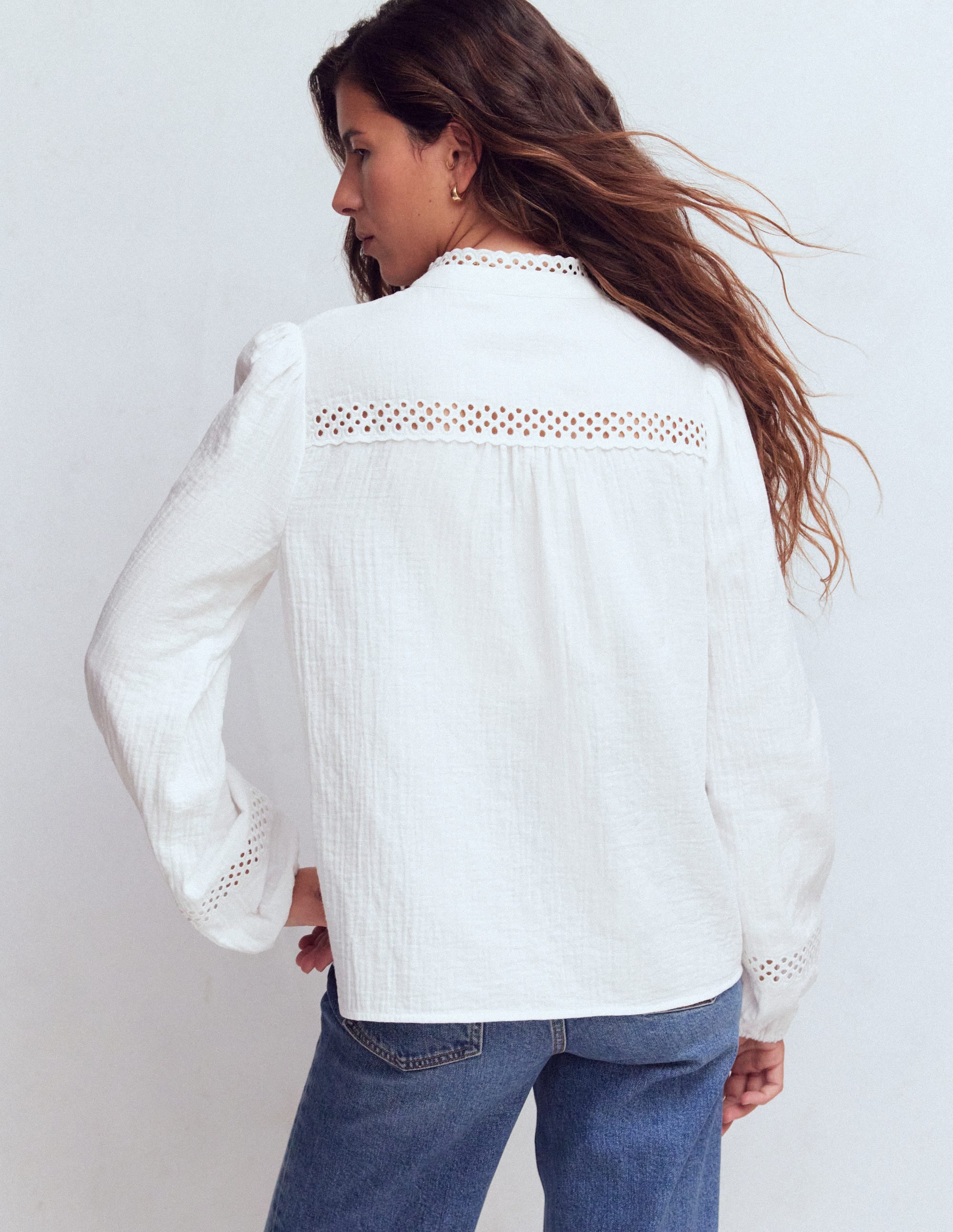 Trim Detail Double Cloth Top-White - Image 3