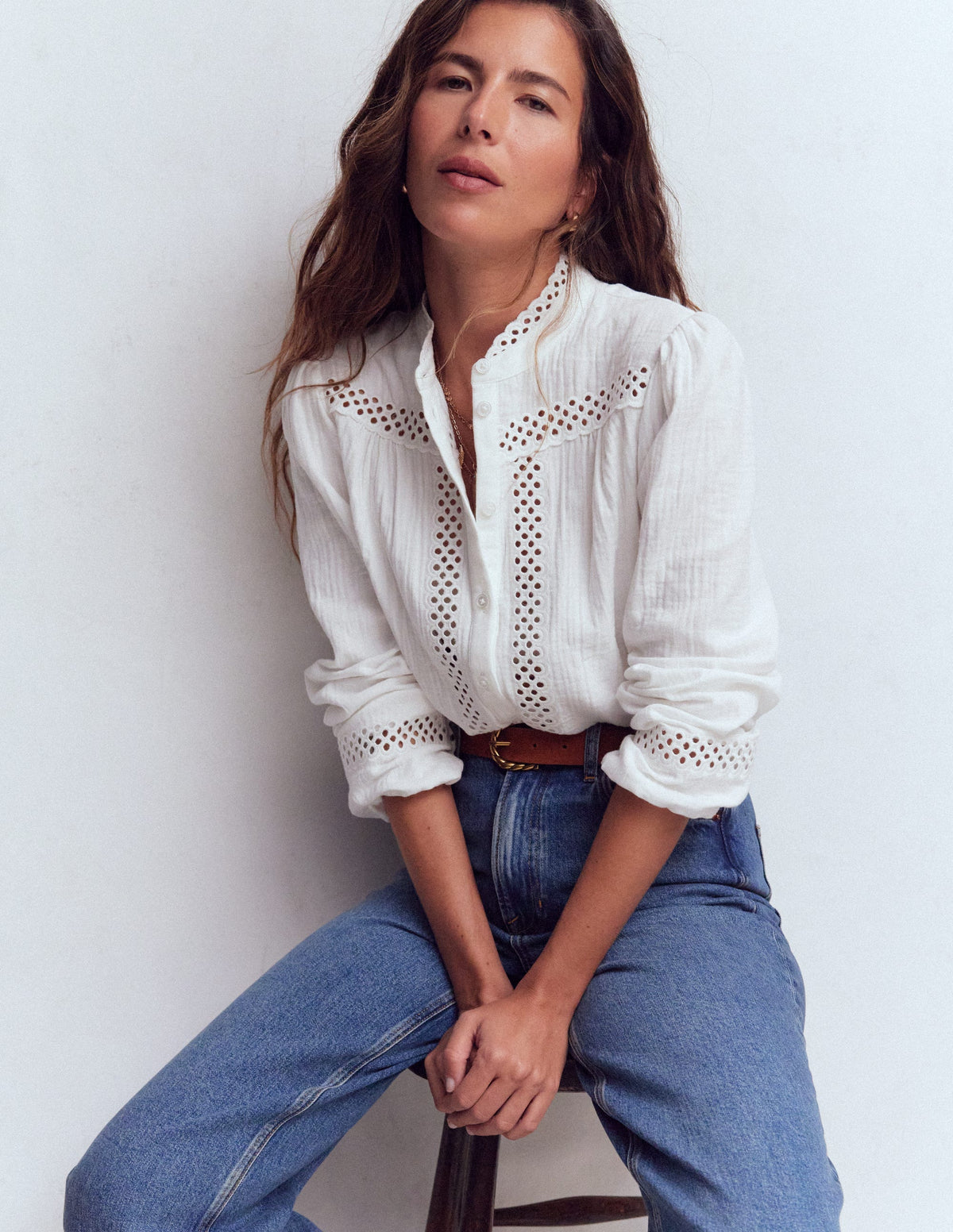Trim Detail Double Cloth Top-White - Image 5