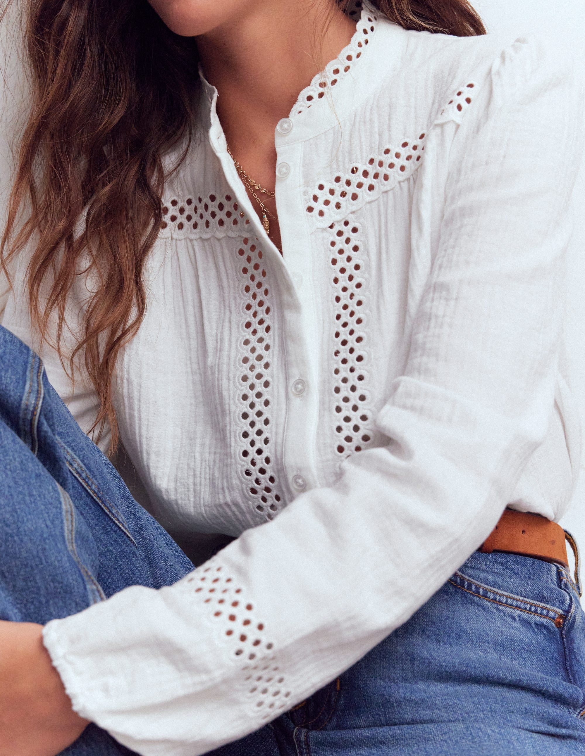 Trim Detail Double Cloth Top-White - Image 6