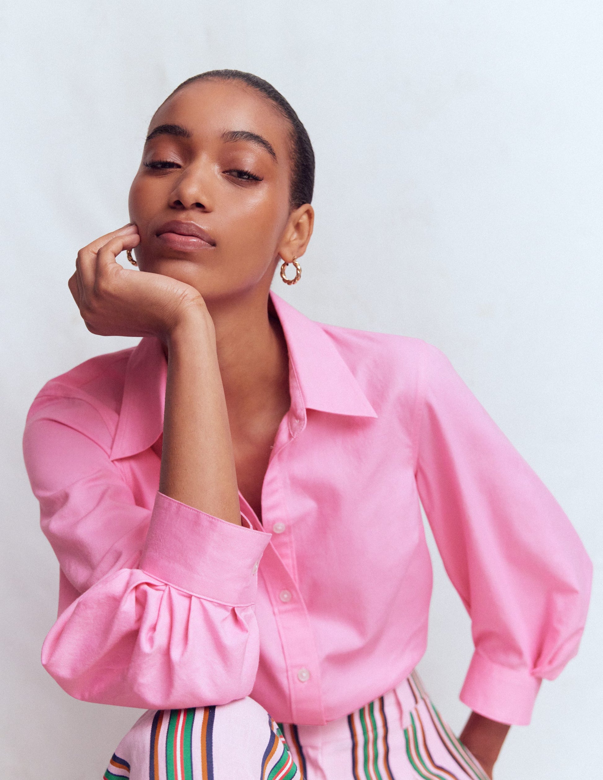 Puff Sleeve Oxford Shirt-Pink-1