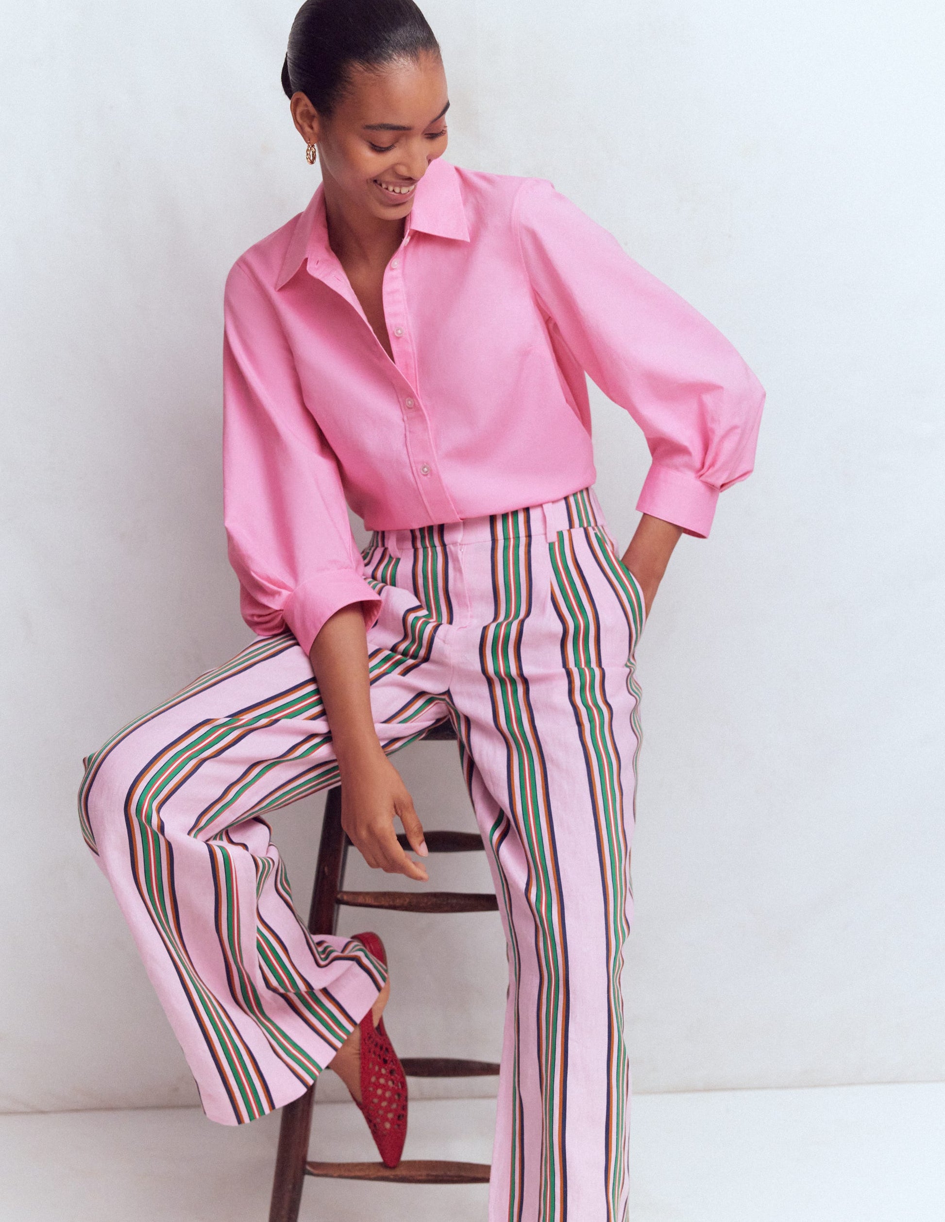 Puff Sleeve Oxford Shirt-Pink-4