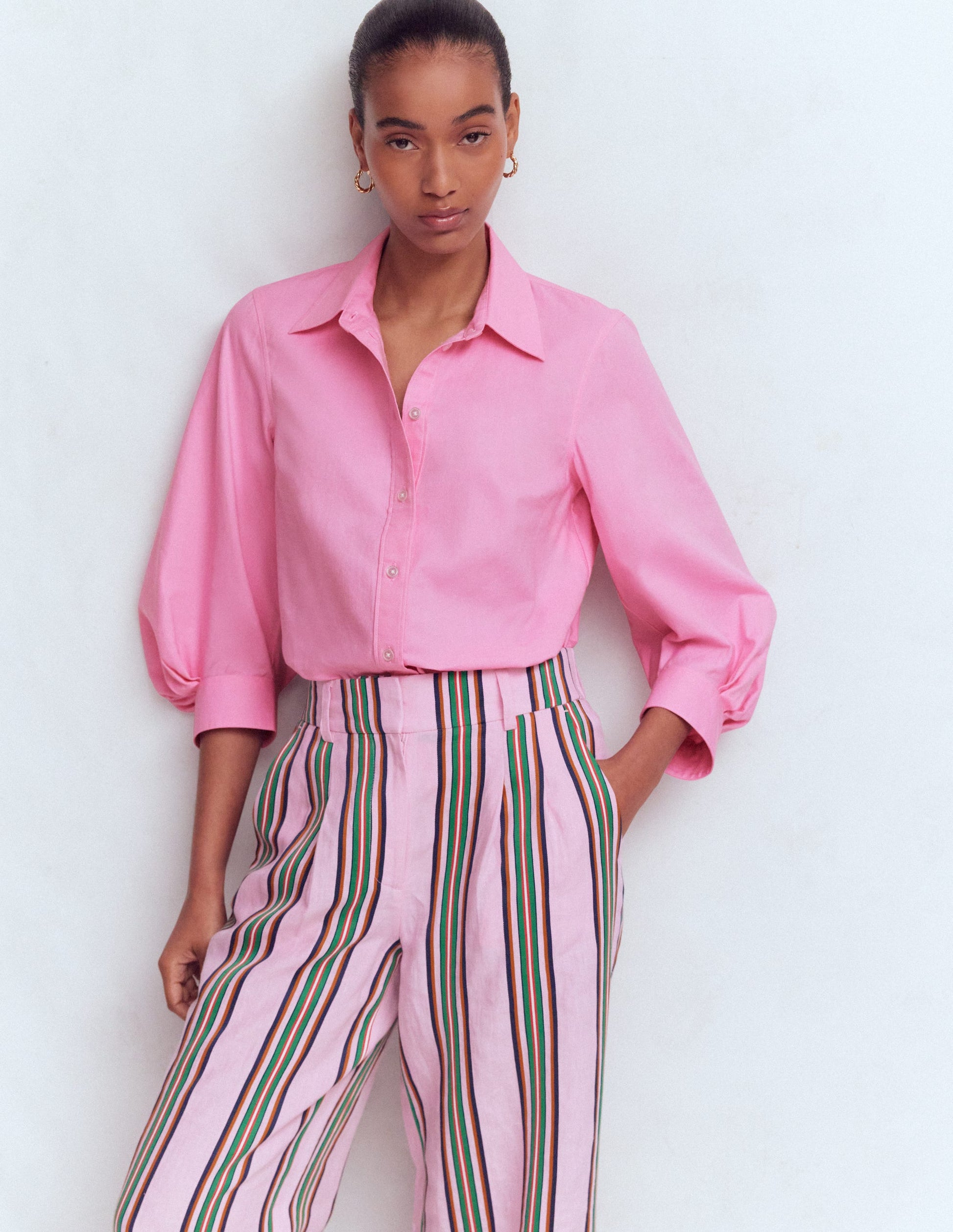 Puff Sleeve Oxford Shirt-Pink-5