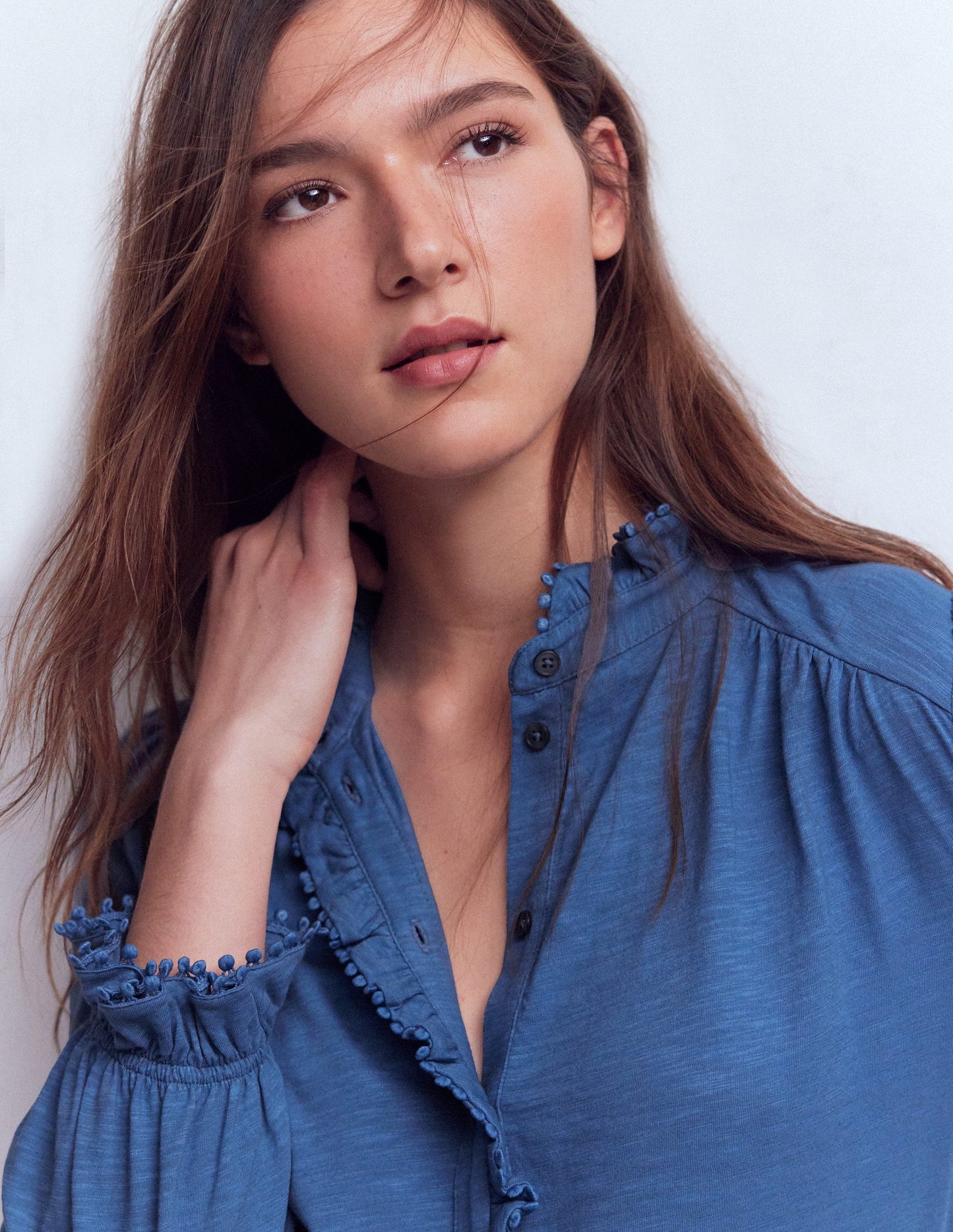 Emily Pom Detail Ruffle Shirt-True Navy