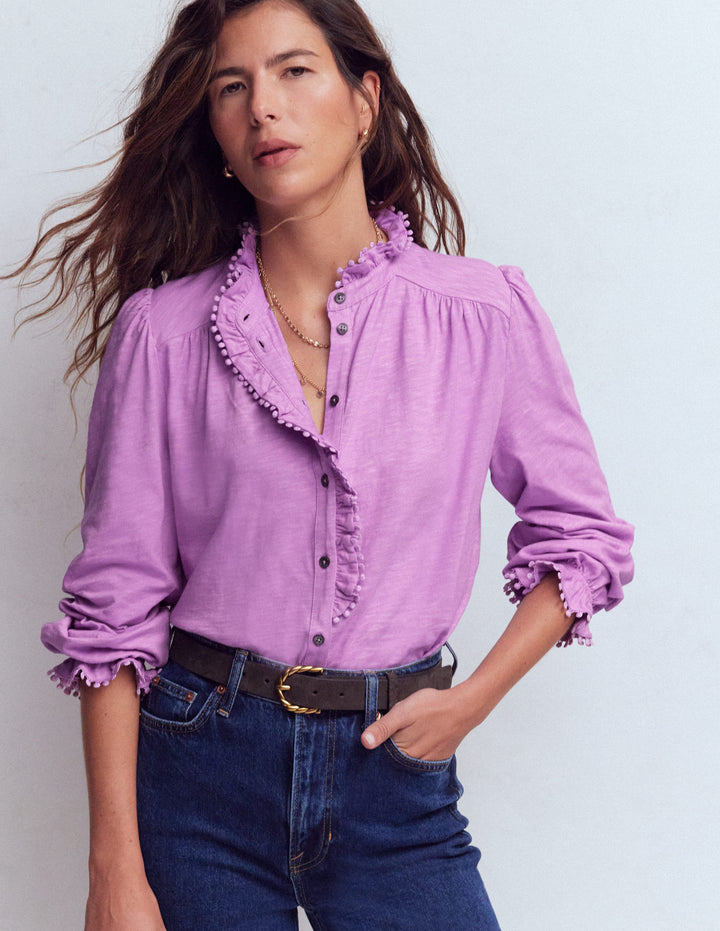 Emily Pom Detail Ruffle Shirt-Chalky Violet