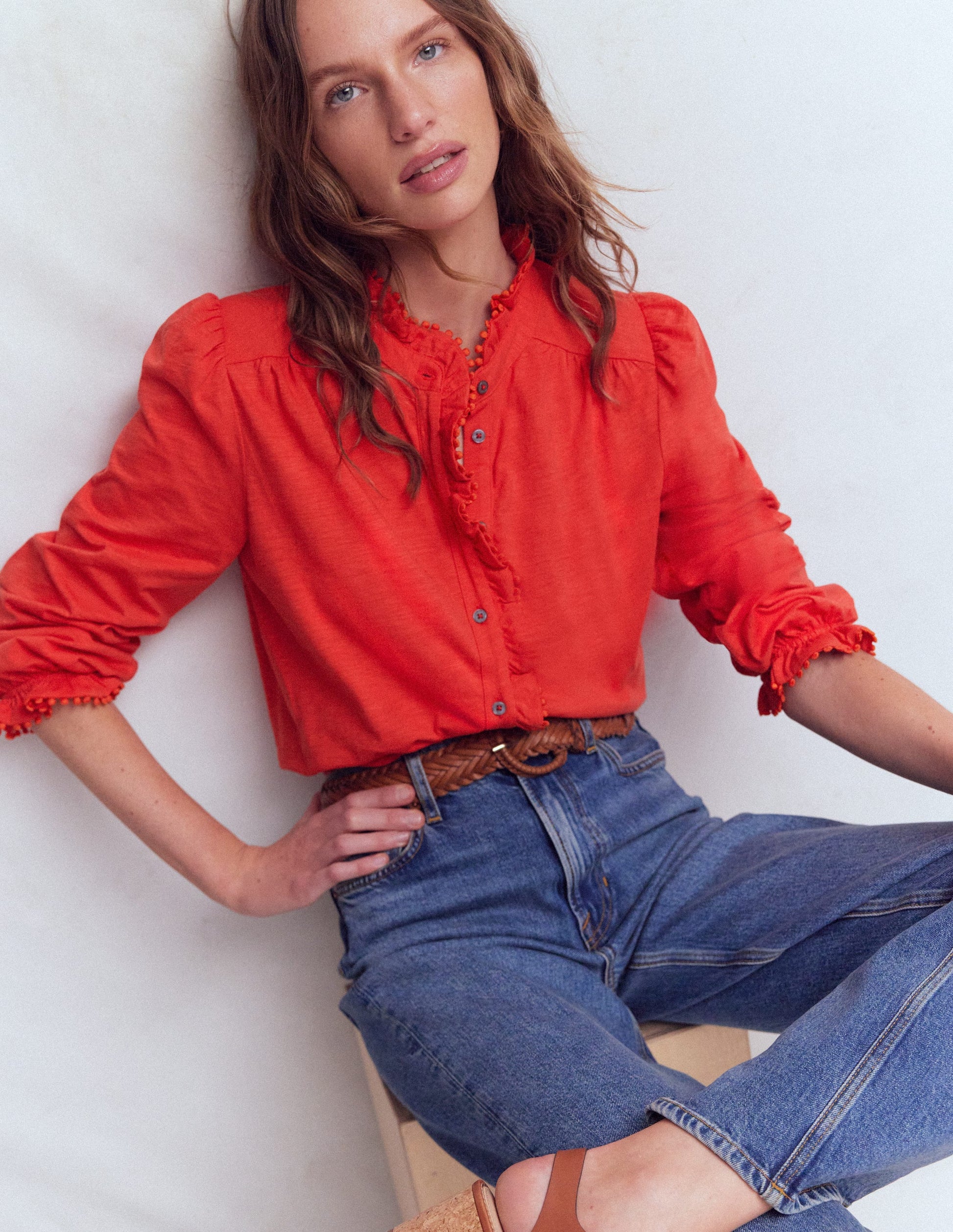 Emily Pom Trim Ruffle Shirt-Blood Orange-1