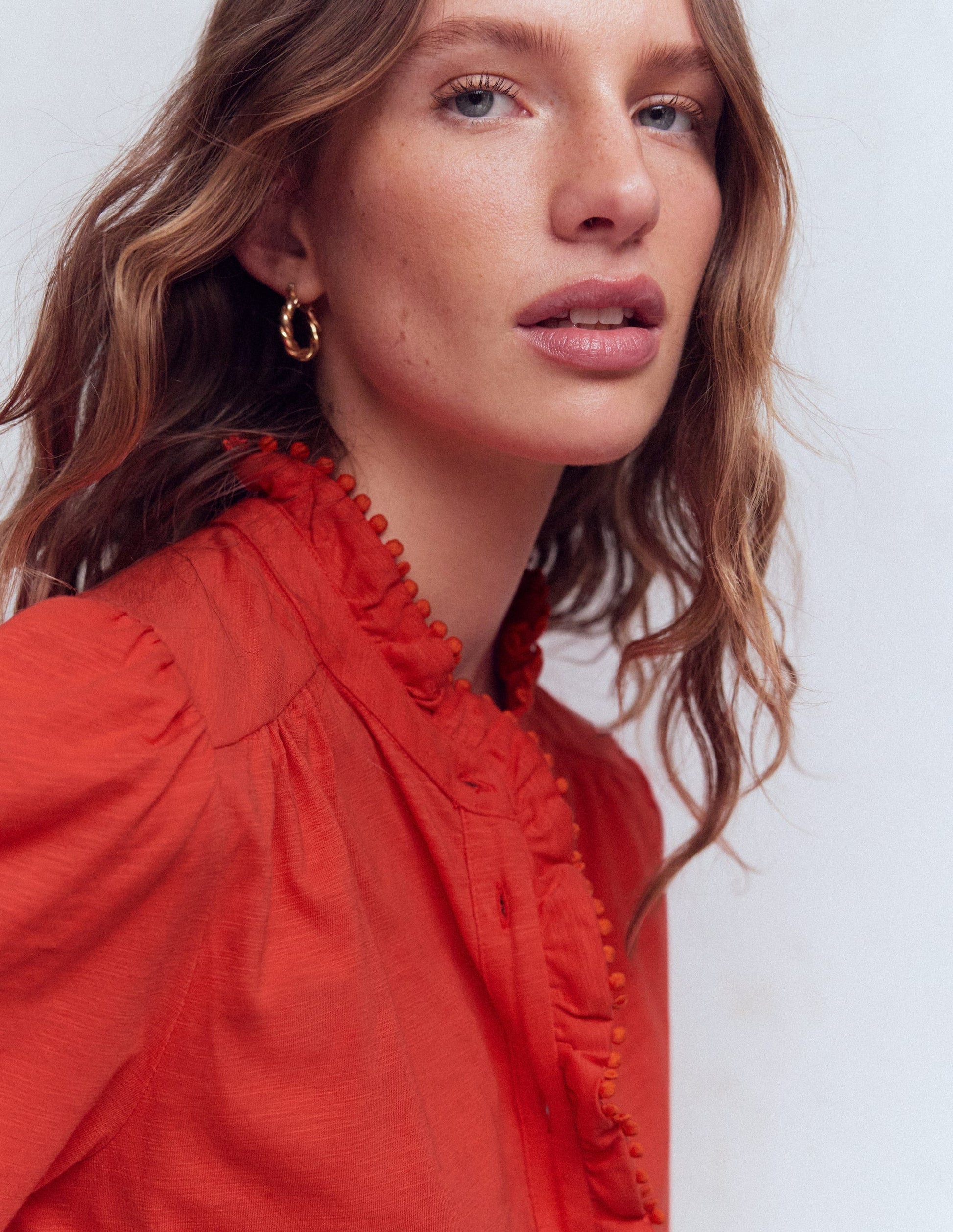 Emily Pom Trim Ruffle Shirt-Blood Orange-2