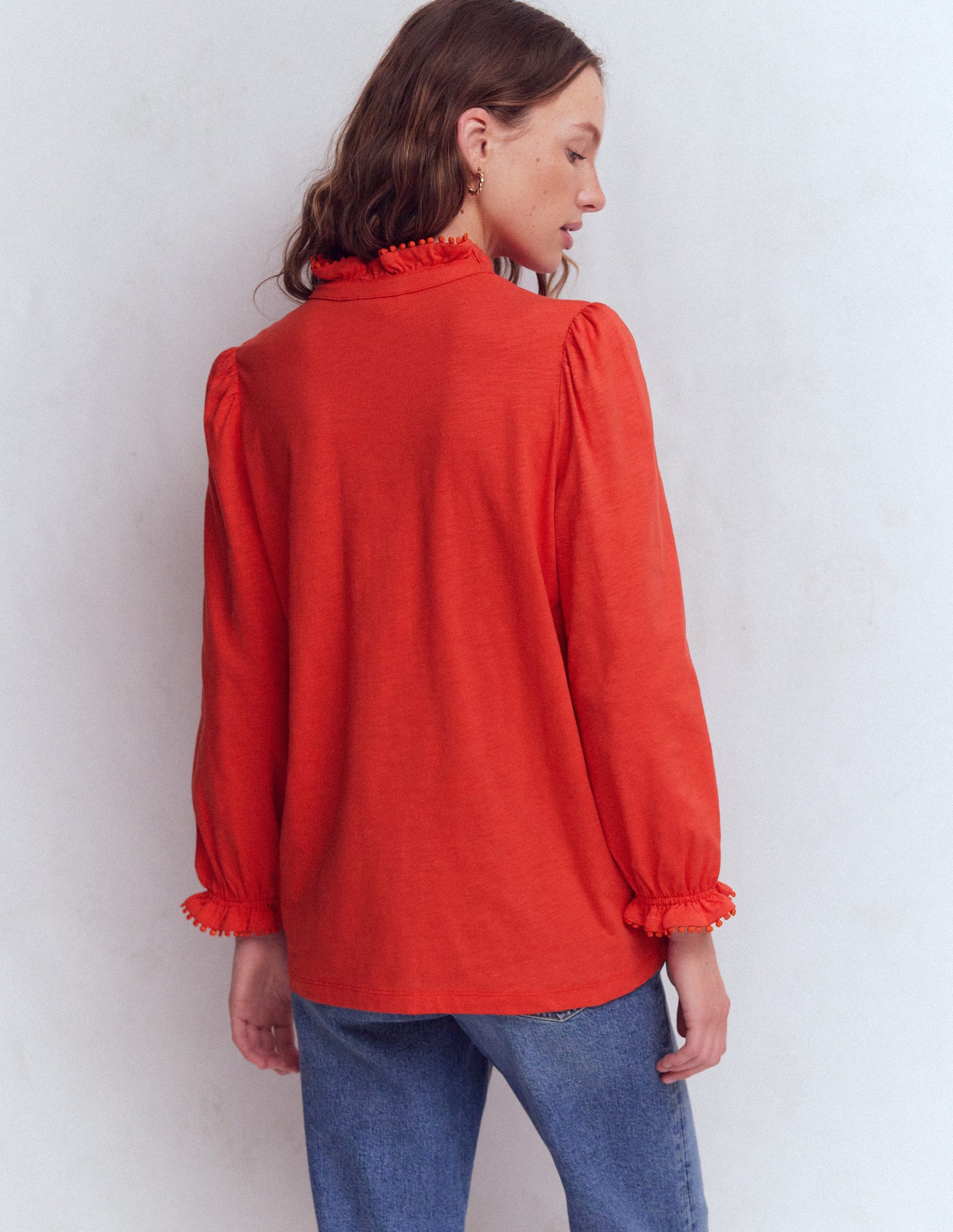 Emily Pom Trim Ruffle Shirt-Blood Orange-3