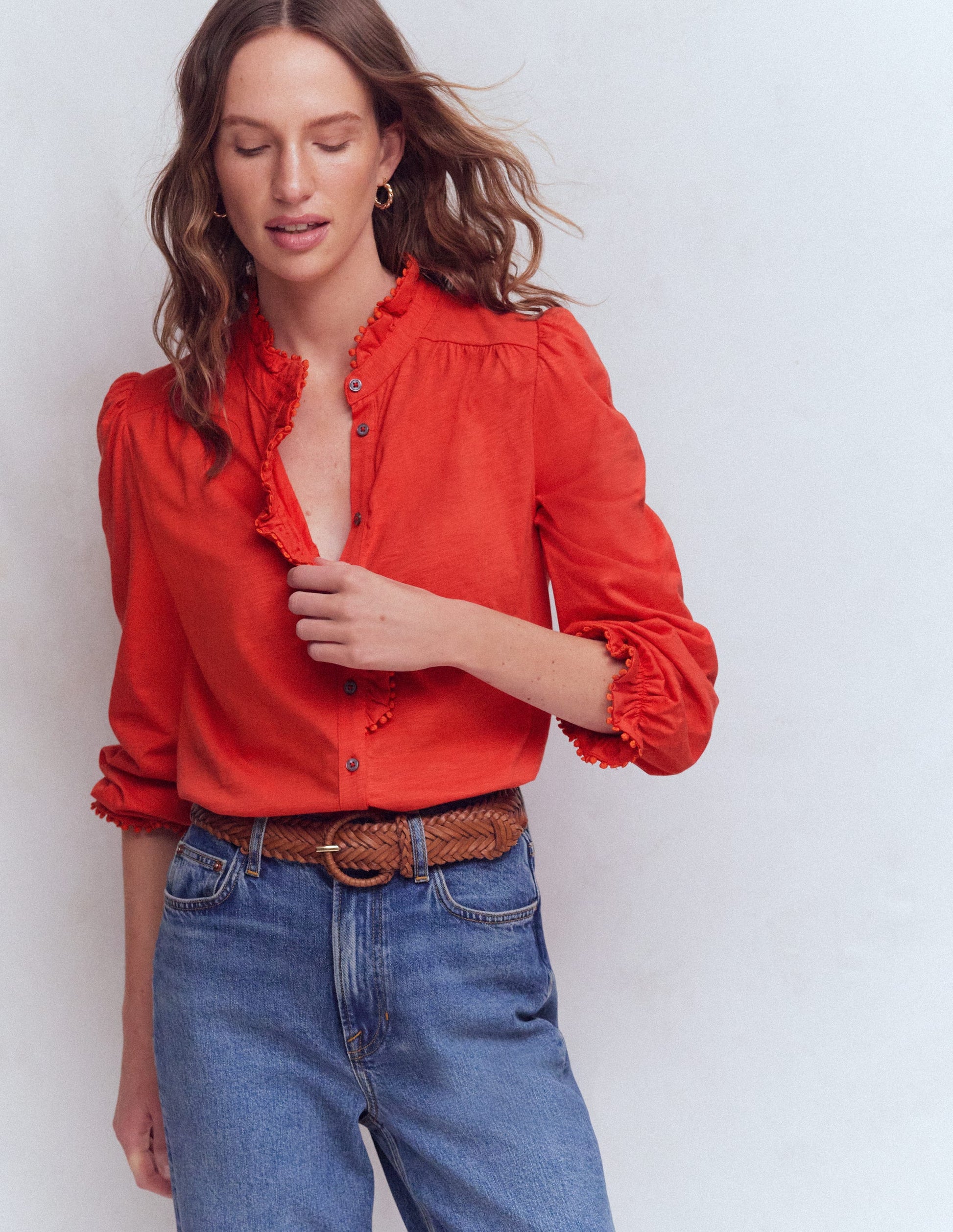 Emily Pom Trim Ruffle Shirt-Blood Orange-4