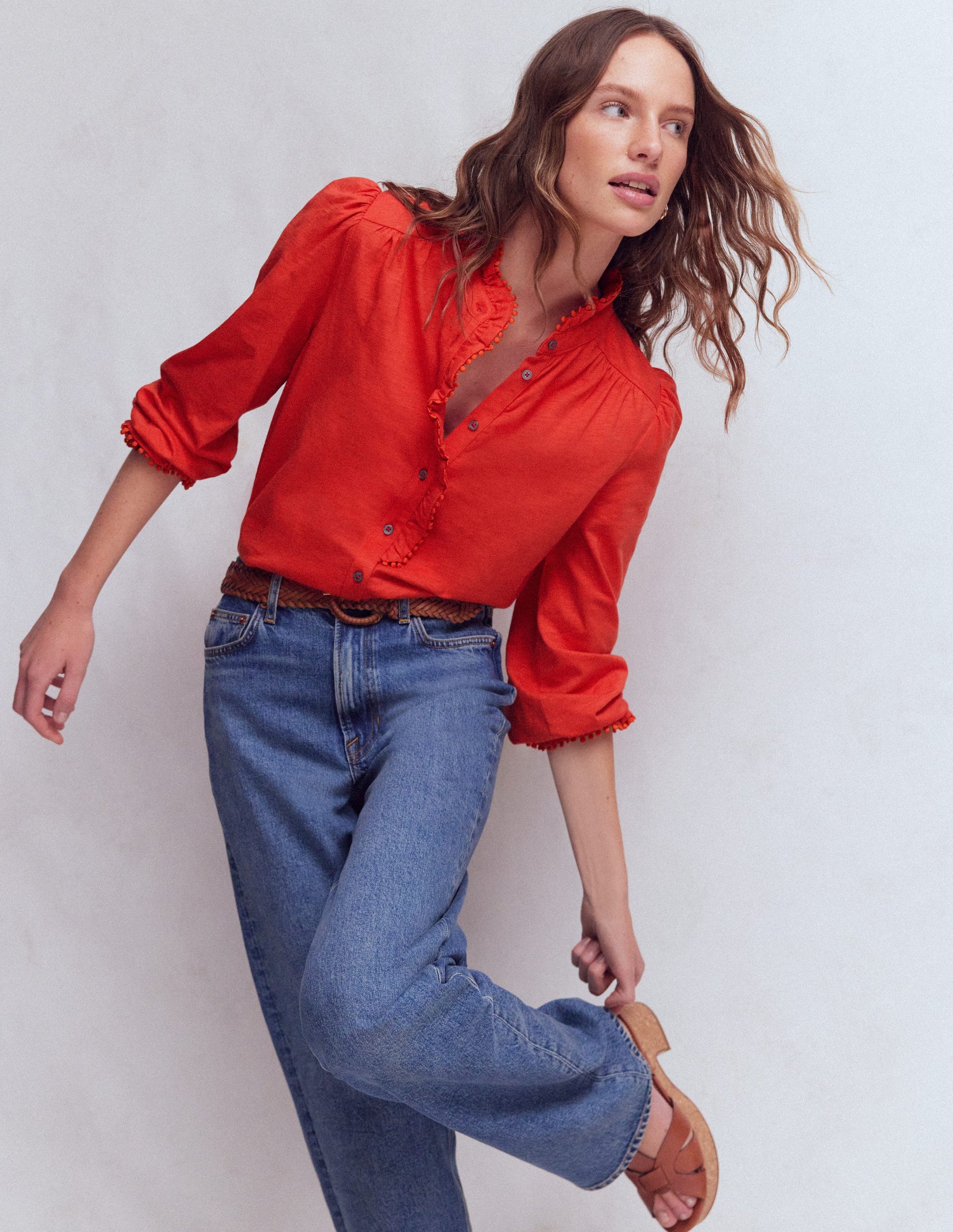 Emily Pom Trim Ruffle Shirt-Blood Orange-5