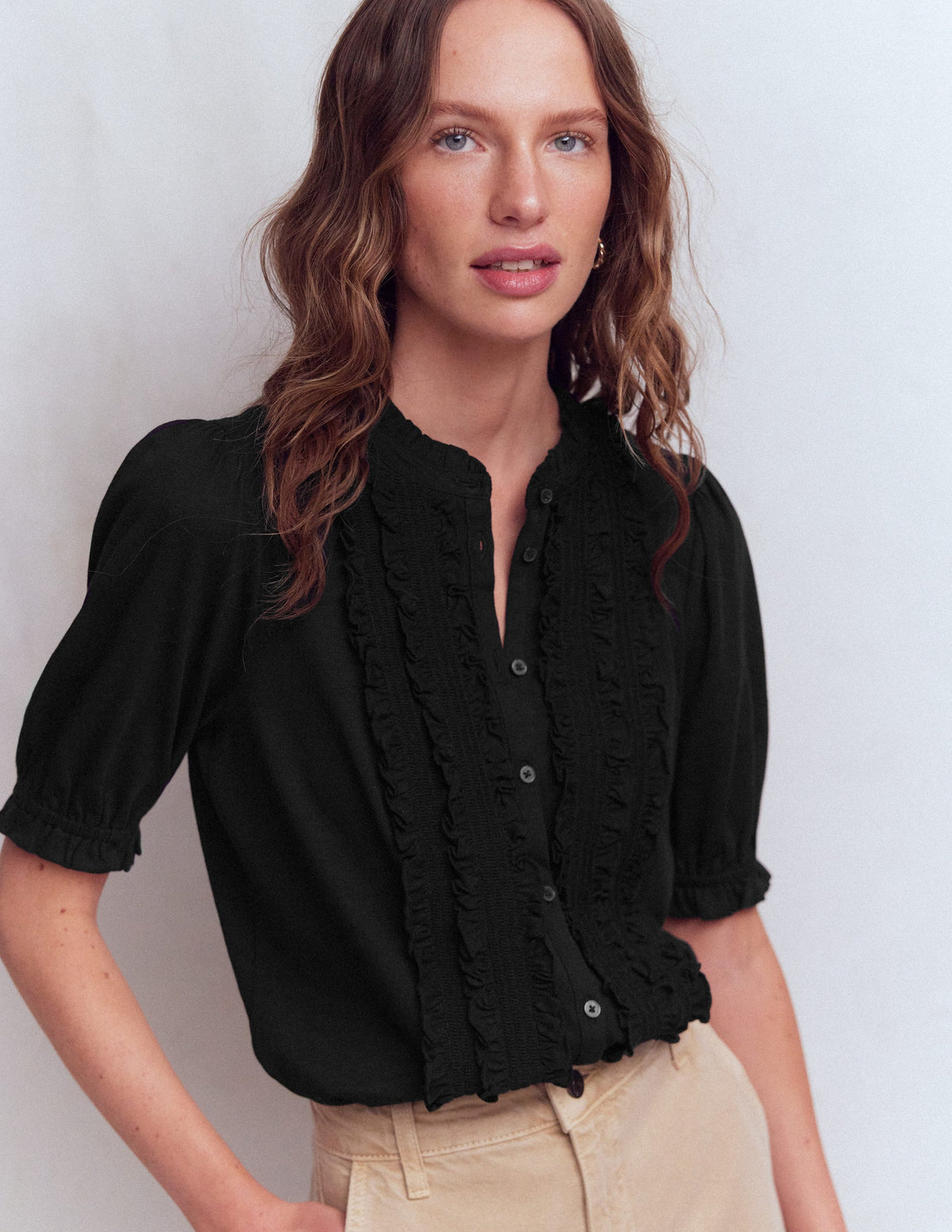 Eda Ruffle Front Shirt-Black - Image 1