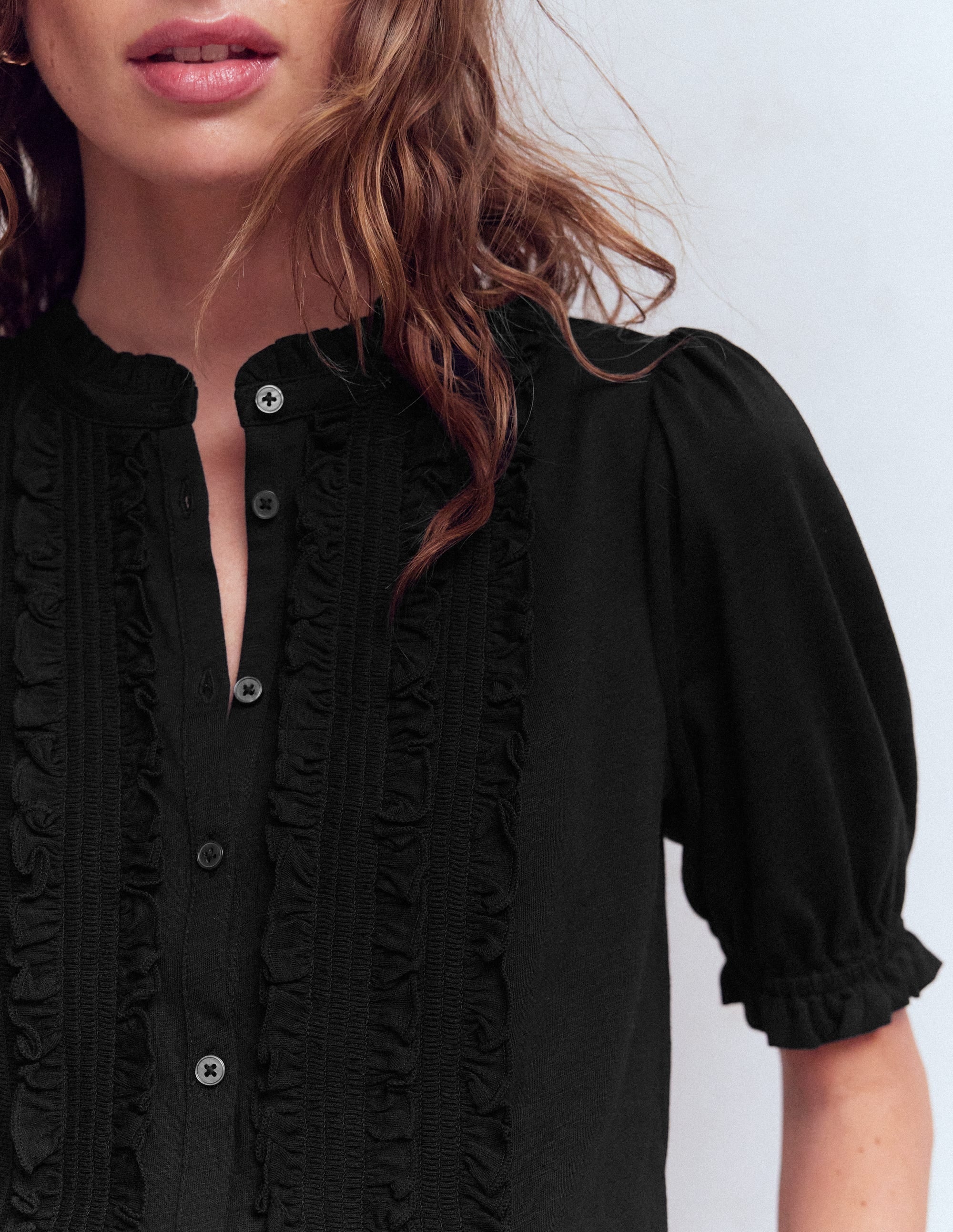 Eda Ruffle Front Shirt-Black - Image 2