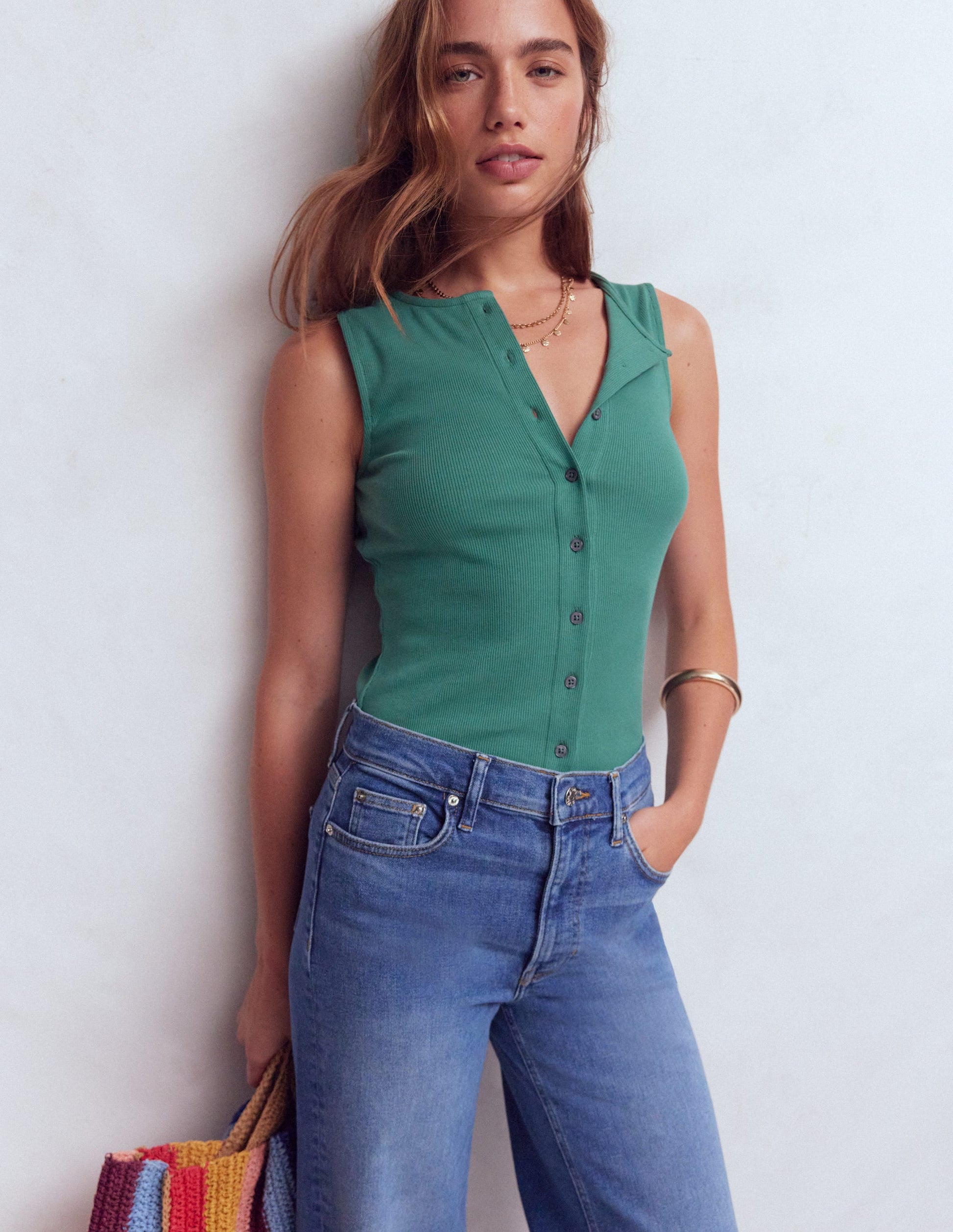 Evie Button Through Rib Vest-Deep Sea-1