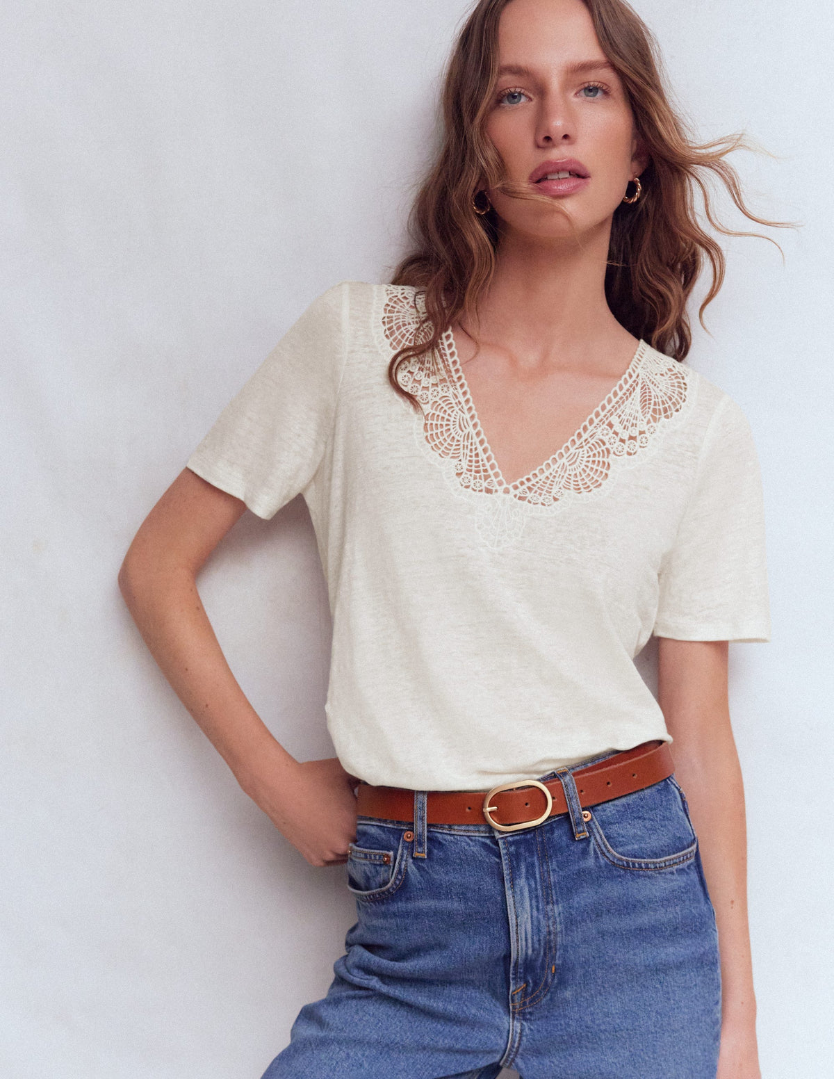 Tara Lace Trim Linen T-shirt-Coconut Milk - Image 1