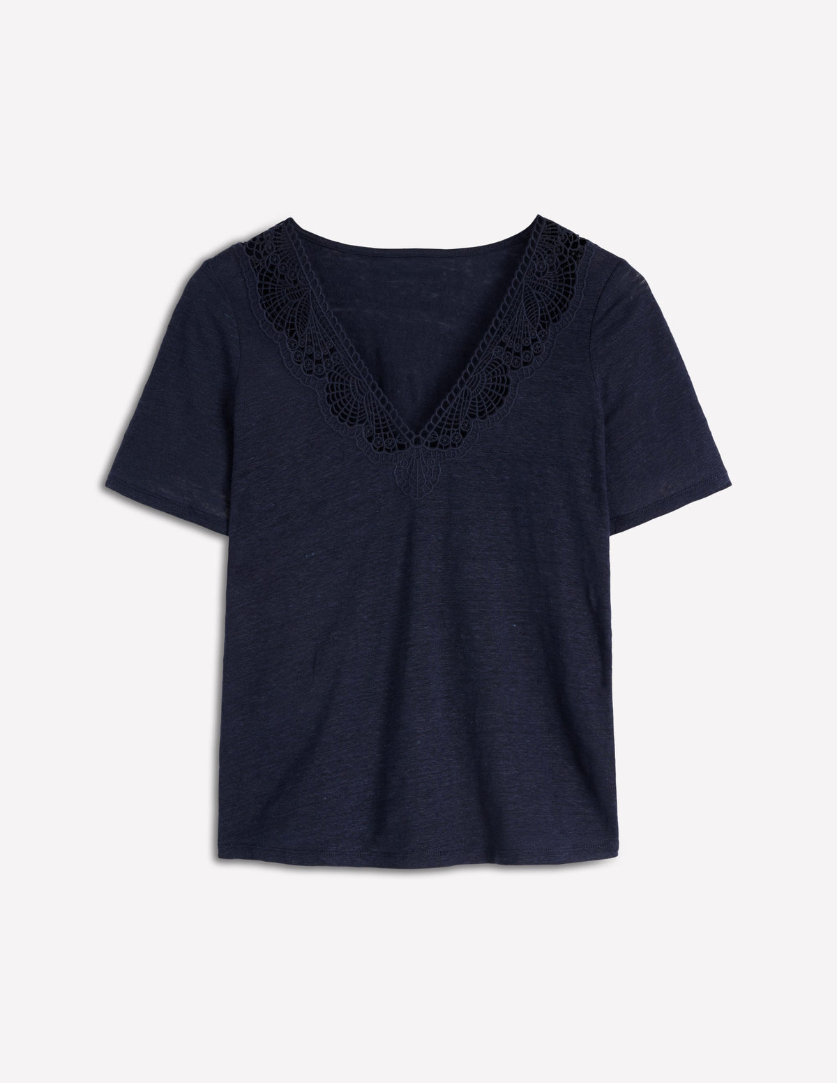 Tara Lace Trim Linen T-shirt-Navy Blazer - Image 5