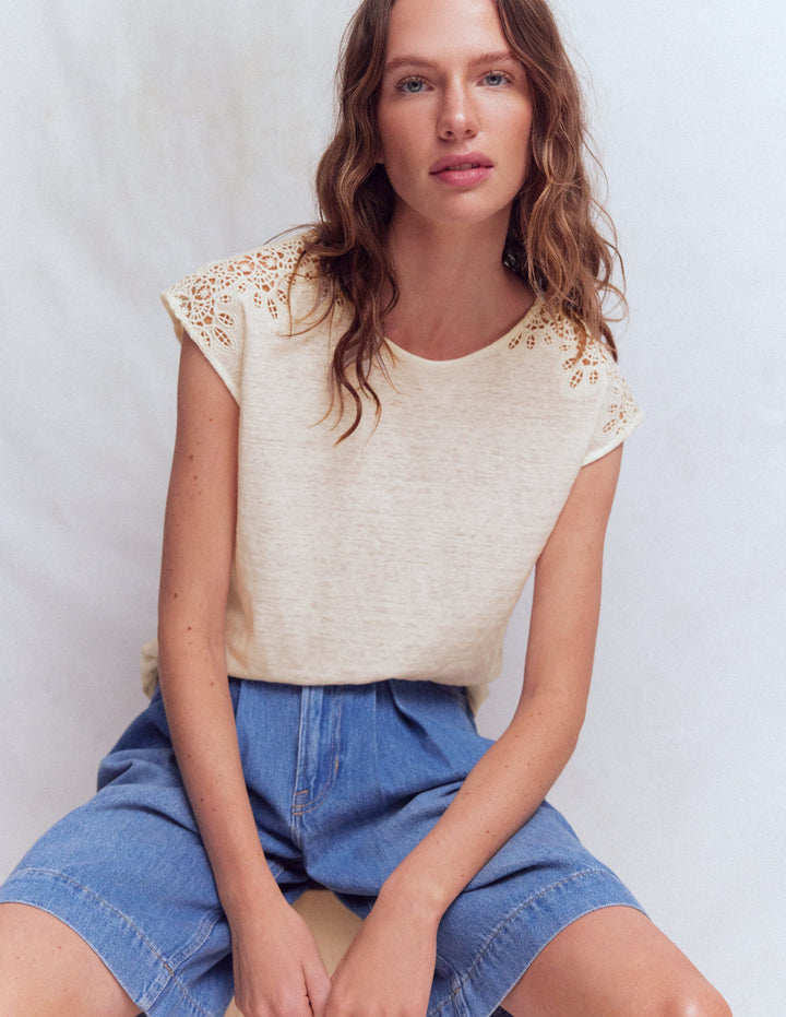 Tara Cutwork Linen Tee-Ivory