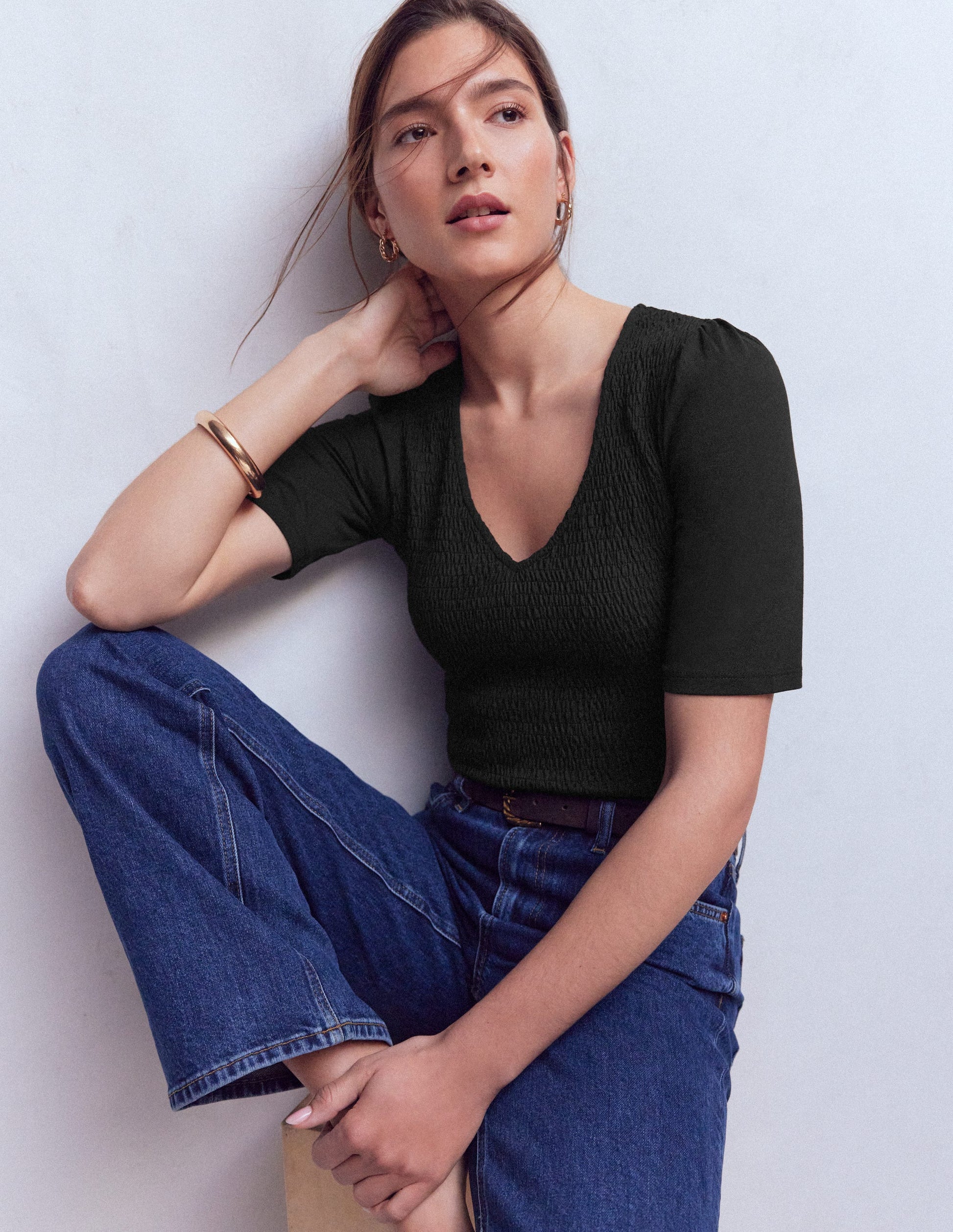 Lyla Smocked V Neck Top-Black-1