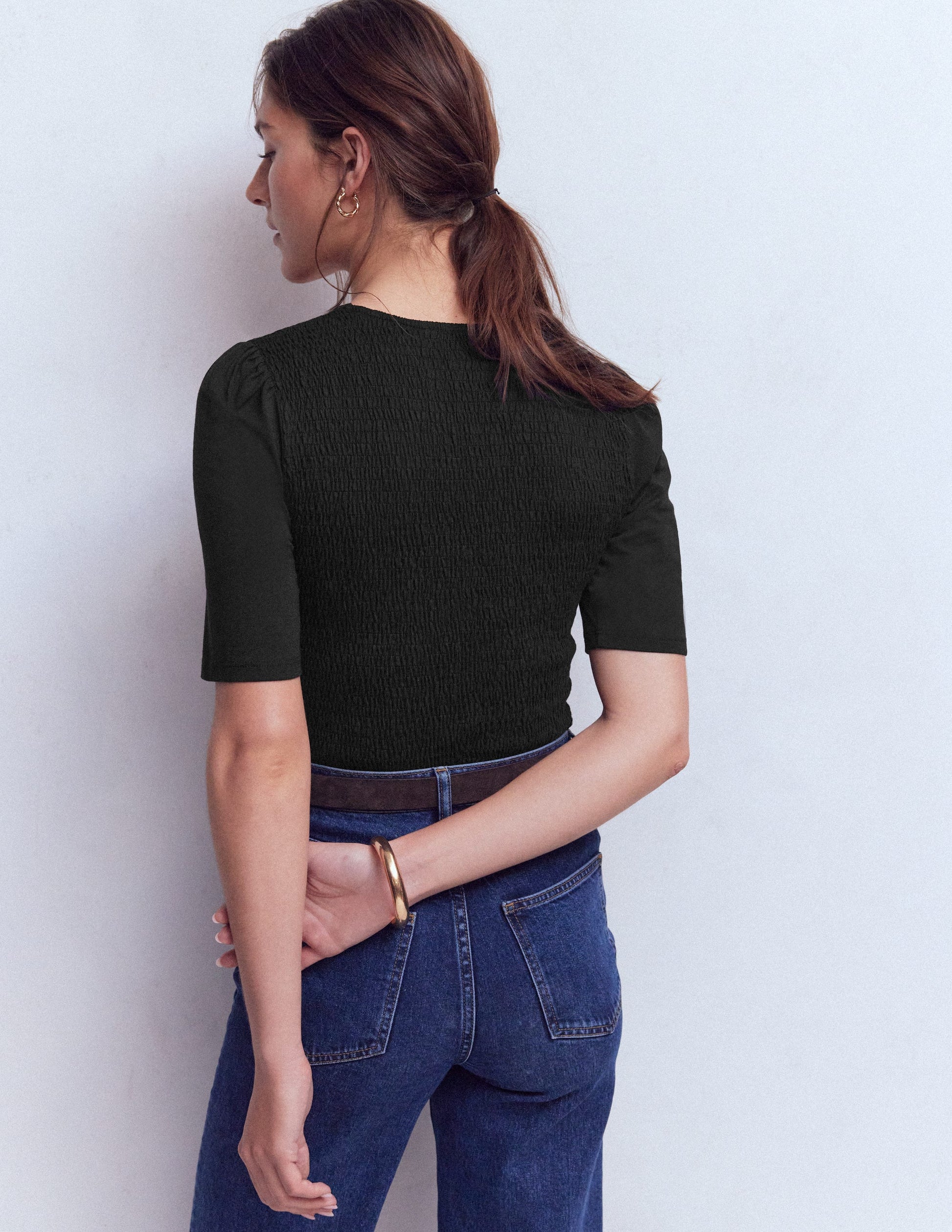 Lyla Smocked V Neck Top-Black-3