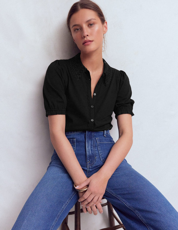 Nessa Broderie Collar Blouse-Black