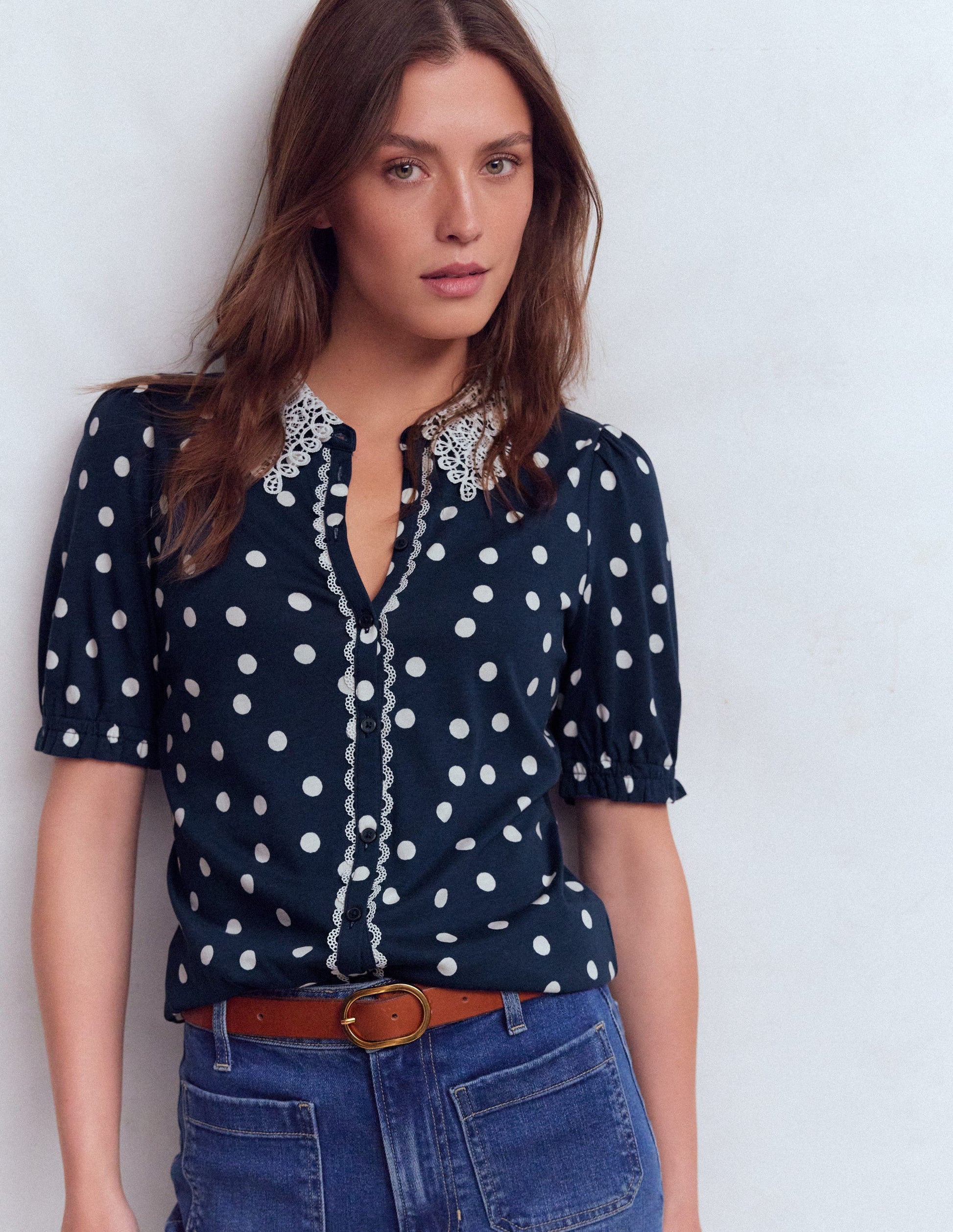Nessa Broderie Collar Blouse-Painted Dot Spaced-1