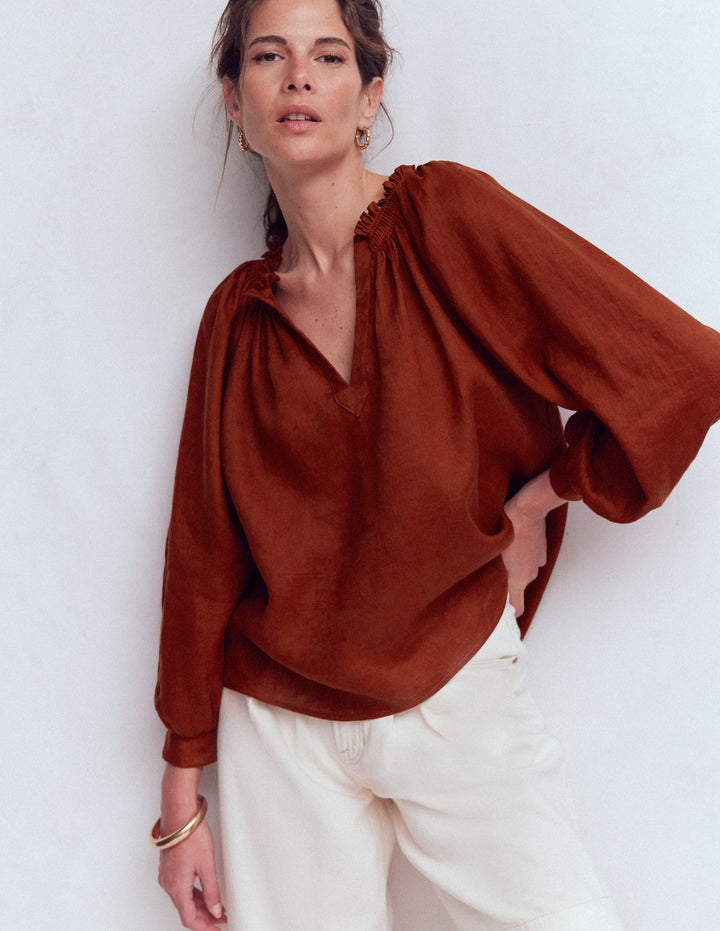 Serena Pleat Neck Linen Top-Burnt Henna
