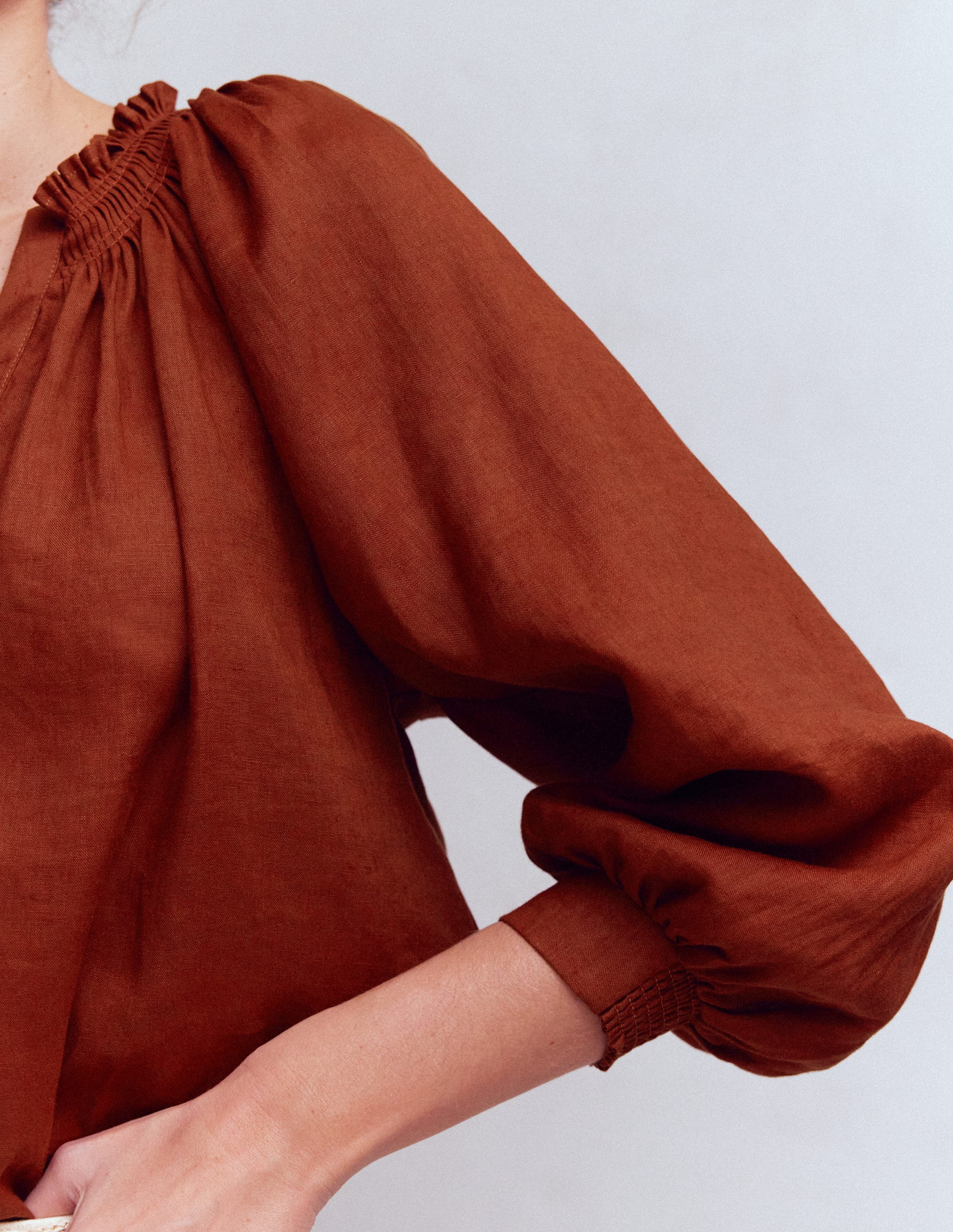 Serena Pleat Neck Linen Top-Burnt Henna - Image 2